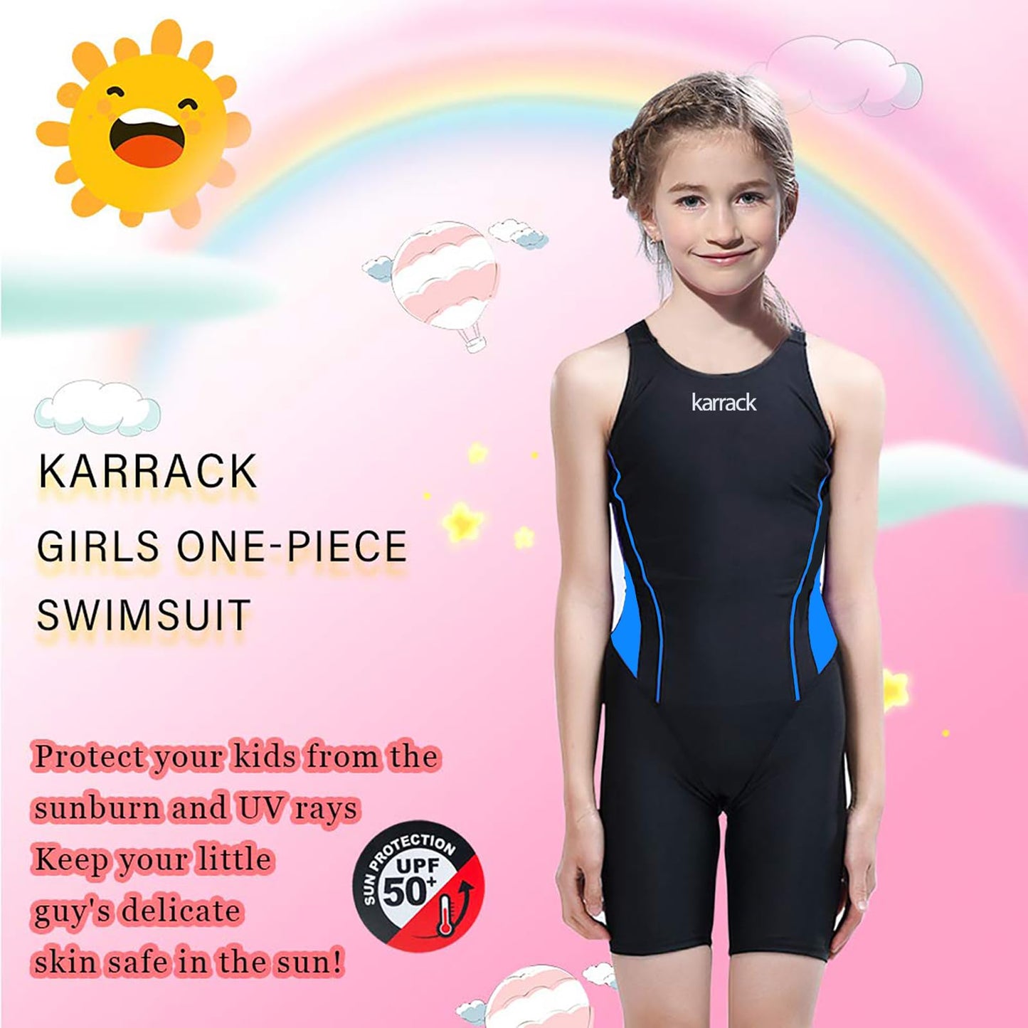 karrack Girls Swimming Suit Sports Conjoined Girls Training Competition Children Swimming Suit (US, Age, 11 Years, 13 Years, Black)