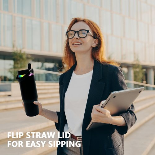 Metalya 30 oz Tumbler Bulk with Handle and Straw, Vacuum Insulated Tumblers with Flip Straw and Top Handle, Leakproof Powder Coated Tumbler, Stainless Steel Travel Mug for Coffee Water (Black, 8 Pack)