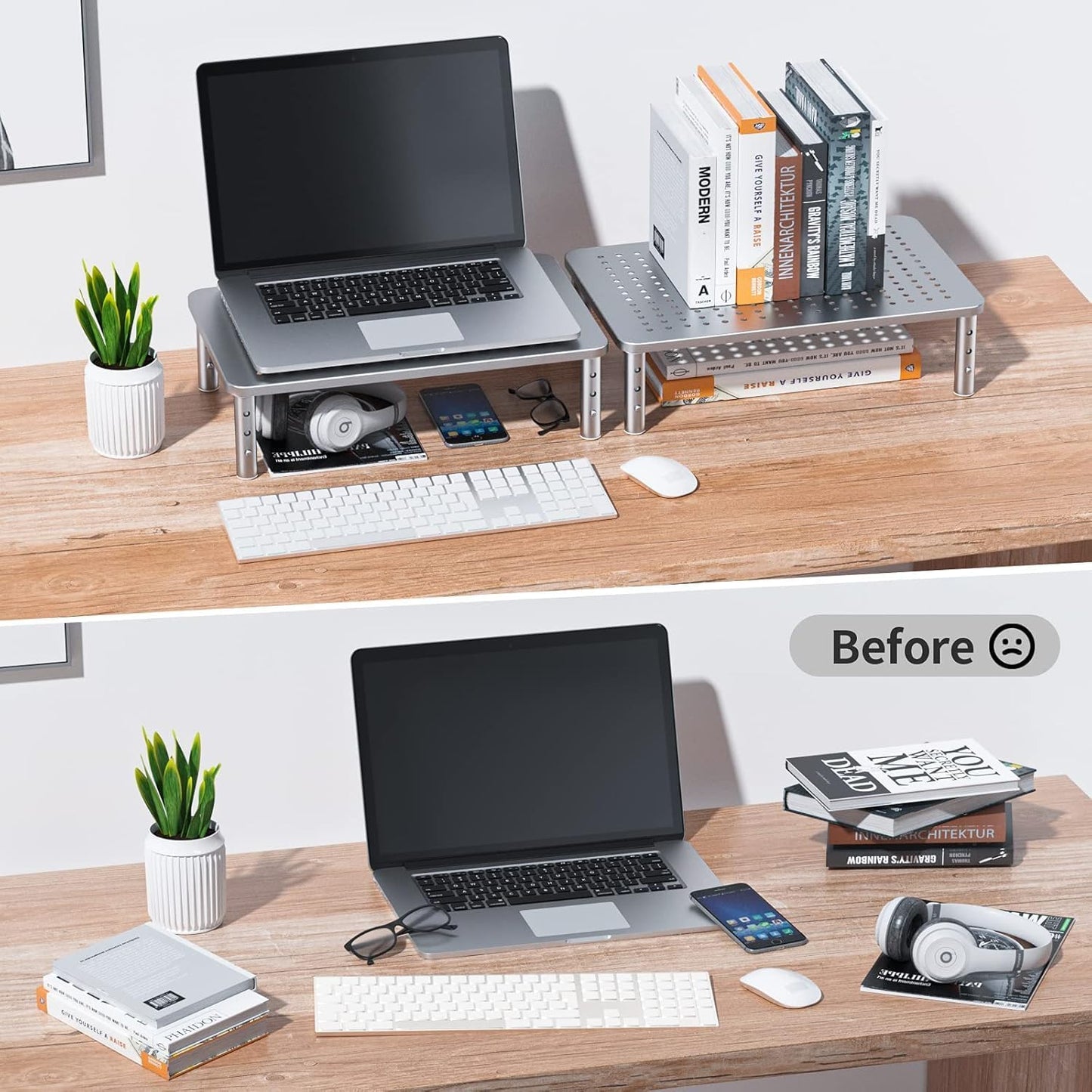 3 HUANUO Monitor Riser - Height Adjustable Stand for Laptop, Computer, iMac, PC, Printer, Desktop Ergonomic Metal