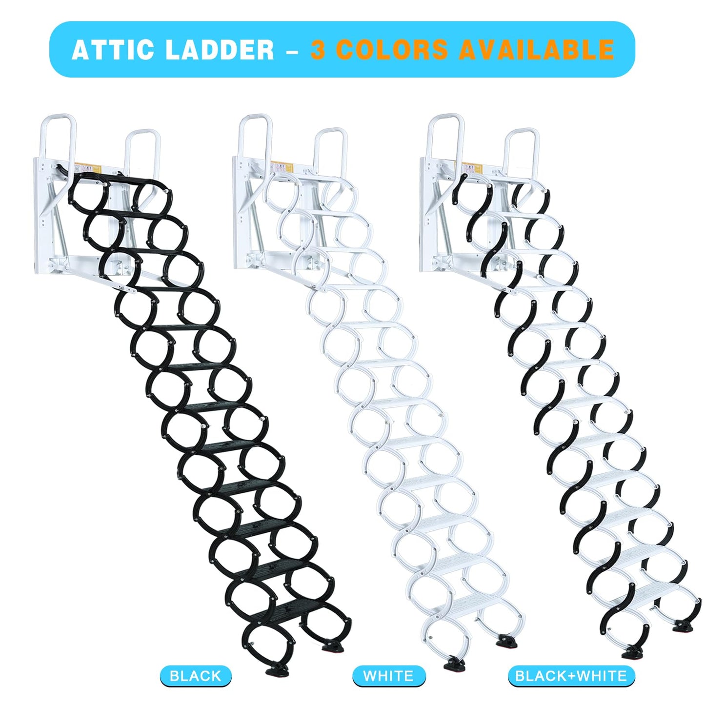12 Steps Wall-Mounted Attic Ladder, Attic Pull Down System, Retractable Ladders for Loft, Metal Folding Attic Ladder Telescoping Steps, Pull Down Stairs for Attics Garages Roofs (White, 12 Step)