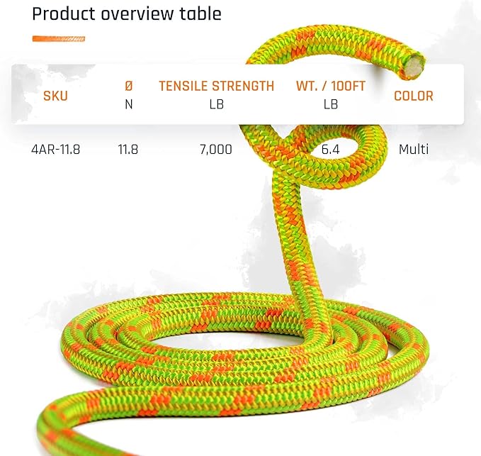 Pelican Rope Arborist Rope 11.8mm x 150Ft, USA Made High-Strength 24-Strands Static Climbing Rope - 7,000 lb Strength for Tree Climbing, Pulling, Outdoors & Swing - Yellow, Plain End