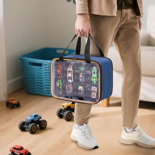 LUXJA Double Layer Storage Bag - PVC Carrying Case for Hot Wheels Monster Trucks | Holds 14 Toy Cars, Blue
