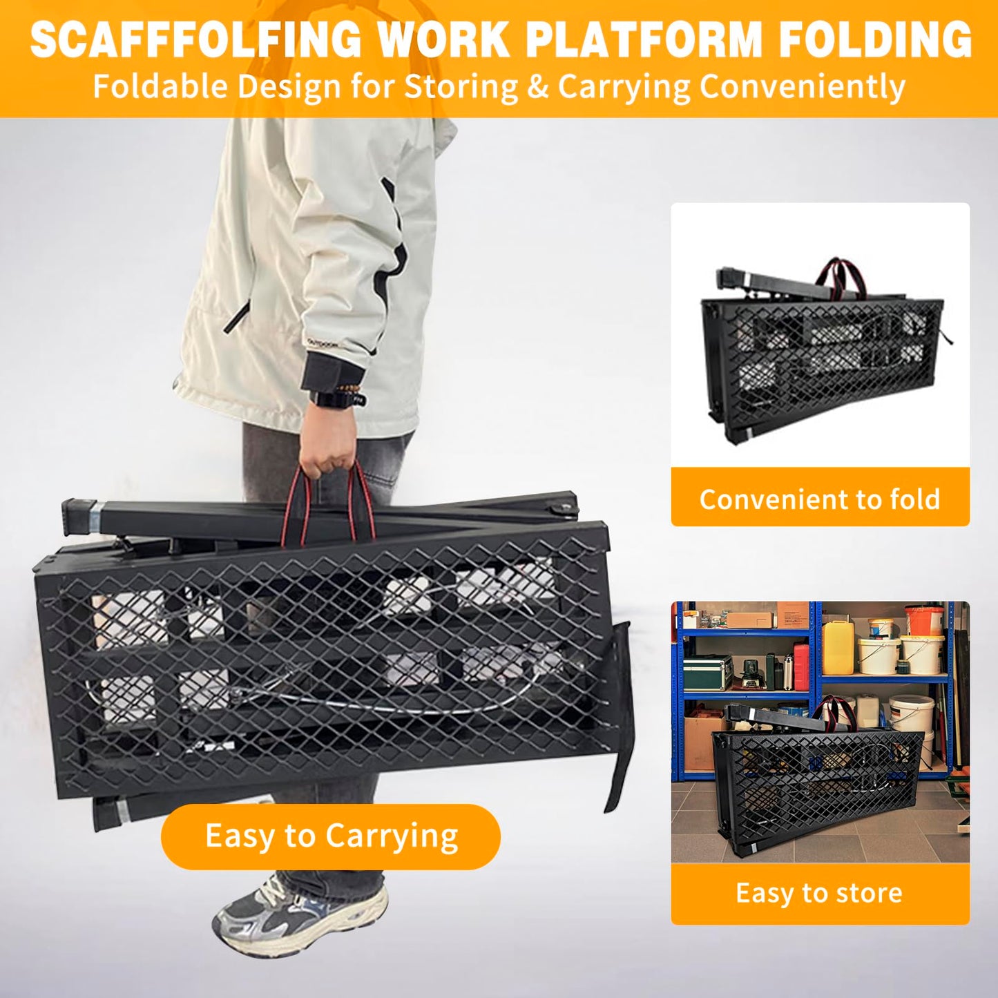 Scaffolding Work Platform, 29.9" to 47.2" Height Adjustable Work Platform, Foldable Scaffold for Building Construction, Interior Painting, Home Improvement（450LBS Capacity, Black,5 Heights Options)