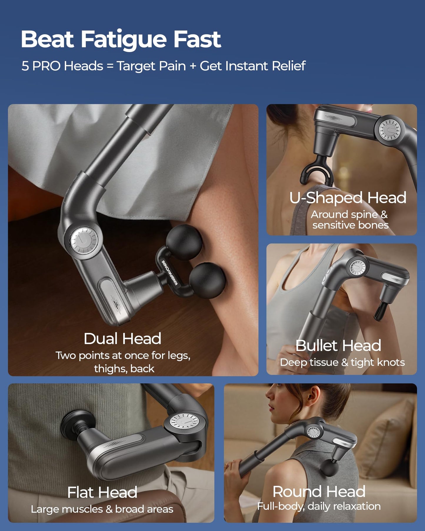 KingPavonini Foldable Massage Gun with Dual-Ball Head, Adjustable Head & Extendable Handle, Handheld Back Massage Gun Deep Tissue for Pain Relief, Portable Percussion Massager Gun, Gift for Men Women