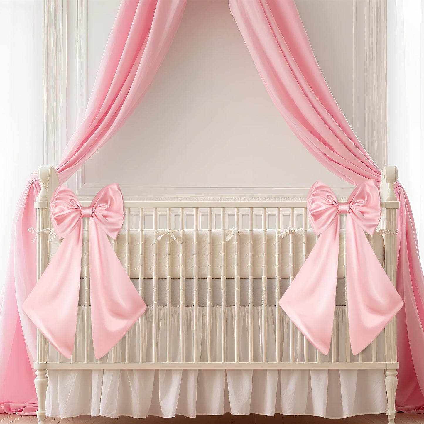 Suncalla 2 Pcs Large Pink Bows for Decoration 12" x 24" Pink Crib Bows Ribbon Coquette Double Layer Satin Silk Baby Crib Bedding for Nursery Baby Shower Curtain Tie Backs Bachelorette Wedding Decor