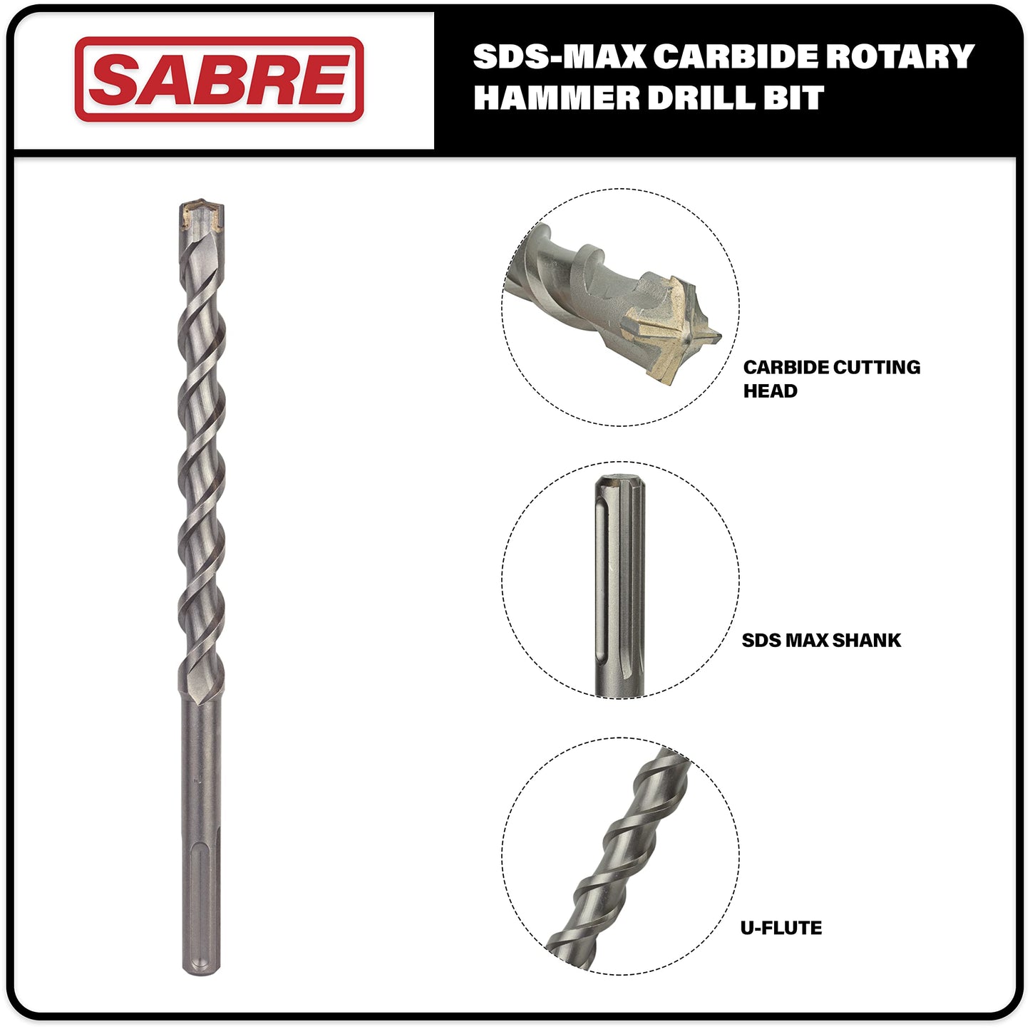 Sabre Tools - SDS Max Drill Bits Set for Brick, Stone, Concrete, 1/2in x 13in, 5/8in x 13in, 3/4in x 13in, 7/8in x 13in, 1in x 13in, 1-1/8in x 14in, 1-1/4in x 14in, 1-1/2in x 14in (8-Piece Set)