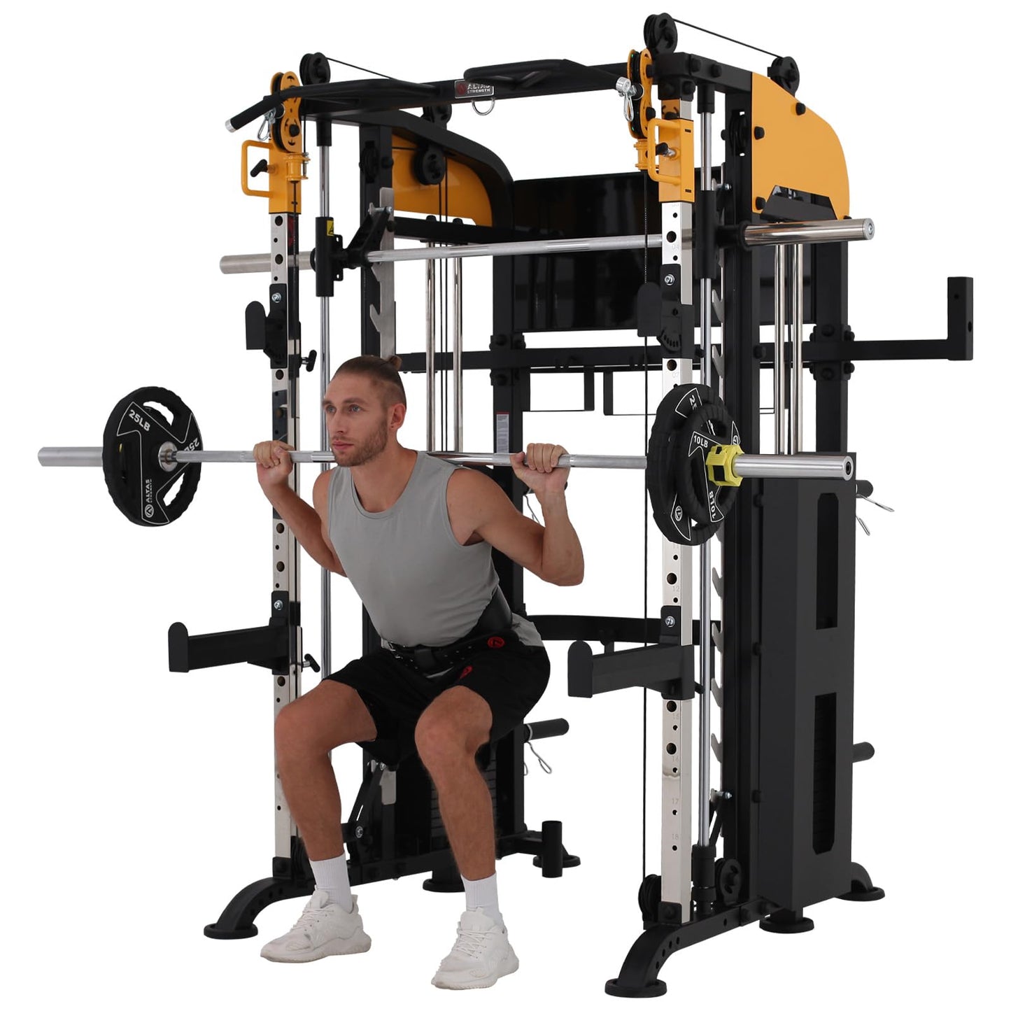 Altas Strength 3061B Smith Machine with Adjustable Lever Arms, 2:1 Pulley Ratio All-in-One Home Gym System, Commercial Grade Squat Rack with Dual 440lbs Weight Stacks & Attachment (Safe Solo Training)
