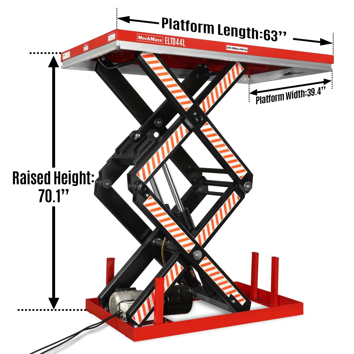 Mechmaxx 4400 lb Capacity Stationary Electric Hydraulic Double Scissor Lift Table – 63" x 39.4" Platform, 70.1" Lift Height, UL Certified Motor,Model ELTD44L