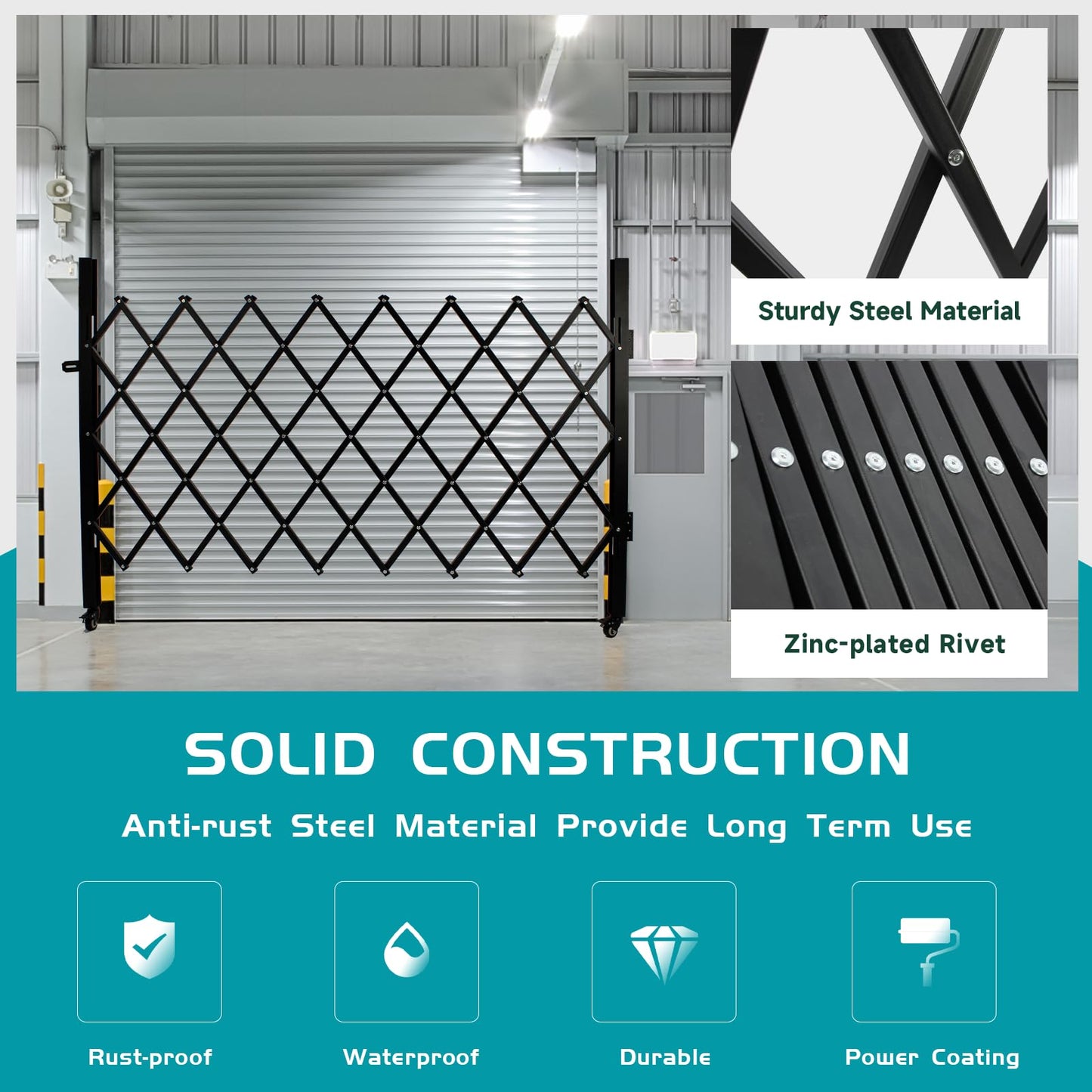 POHADR Single Folding Security Gates, Outdoor Security Scissor Gate 72" W x 50" H Accordion Gate, Metal Expandable Door with 360°Rolling Expanding Security Gate for Courtyards, Garages, Gardens
