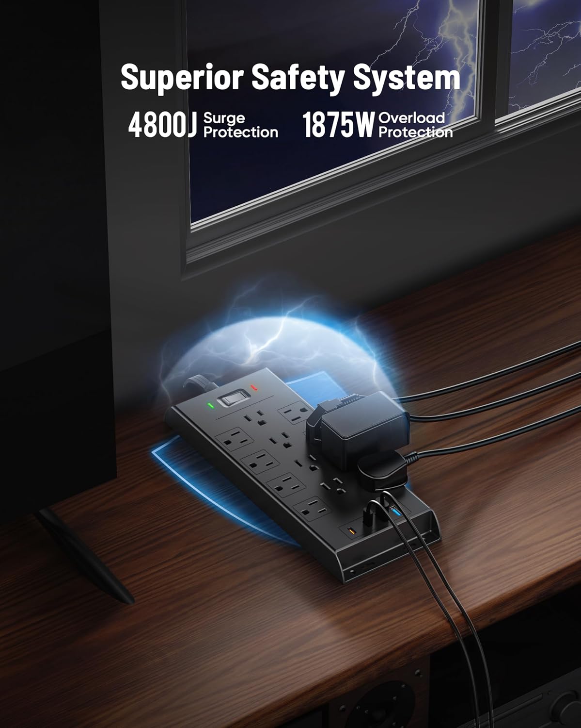 LeZone 4800J, 10Ft 12 2 2 20W Surge Protector Power Strip Long Extension Cord Flat Plug, Outlets USB C USB Ports, Wall