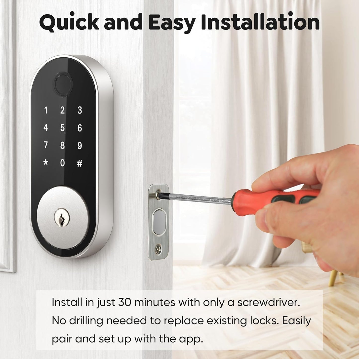 Fingerprint Smart Deadbolt with Keypad – Keyless Entry Lock for Home, Apartment, Office, Airbnb, Rental, Kids & Seniors, App & Code Access, Auto-Lock, Easy DIY Install, Compatible with Alexa & Google