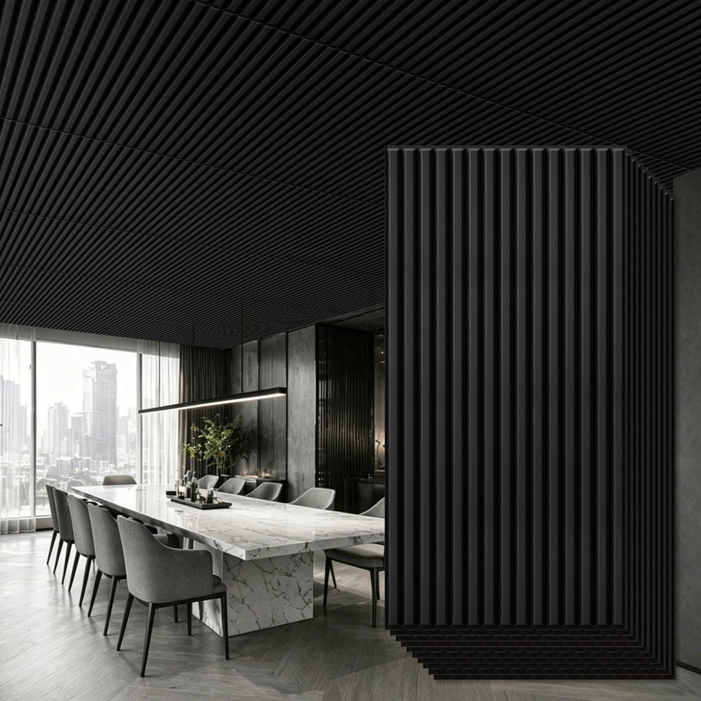 Qidejoy 12 Pcs 3D PVC Slat Wall Panels, 2x4 FT Ceiling Panels, Decorative Drop Ceiling Tiles, Fluted Textured Modern Paneling for Interior Decor, Living Room, Bathroom, TV Background, Office (Black)