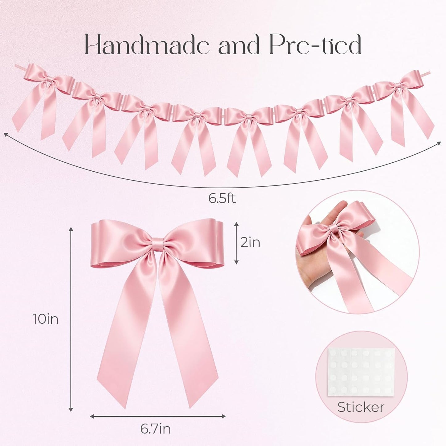 Skiennix Pink Bow Garland Banner - 8 Pre-Strung Double-Layer Satin Ribbon Bows | Valentine's Day Decor & Party Accent