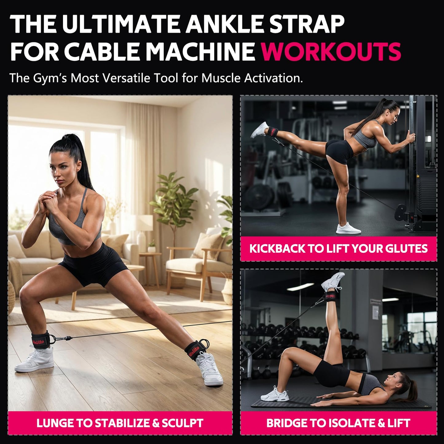 WALITO Ankle Straps for Cable Machines Women - Glute Ankle Cuff Kickback Strap, Gym Cable Machine Accessories for Glute Leg Extensions, Hip Abductors & Lower Body Exercises Equipment