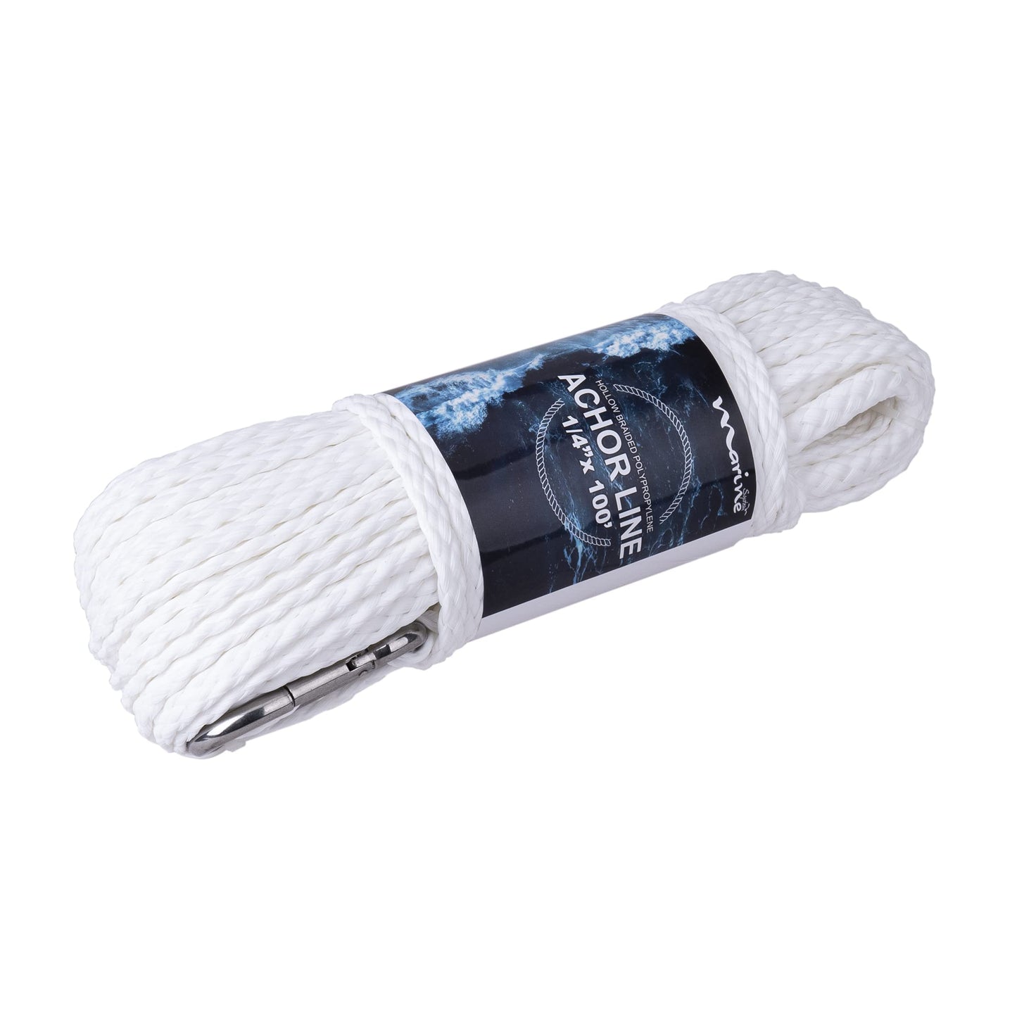 MARINE SYSTEM Made PP Hollow Braid Anchor Line Polypropylene 1/4 inch 50FT 100FT with Stainless Steel Spring Hook, White(1/4" x 100')