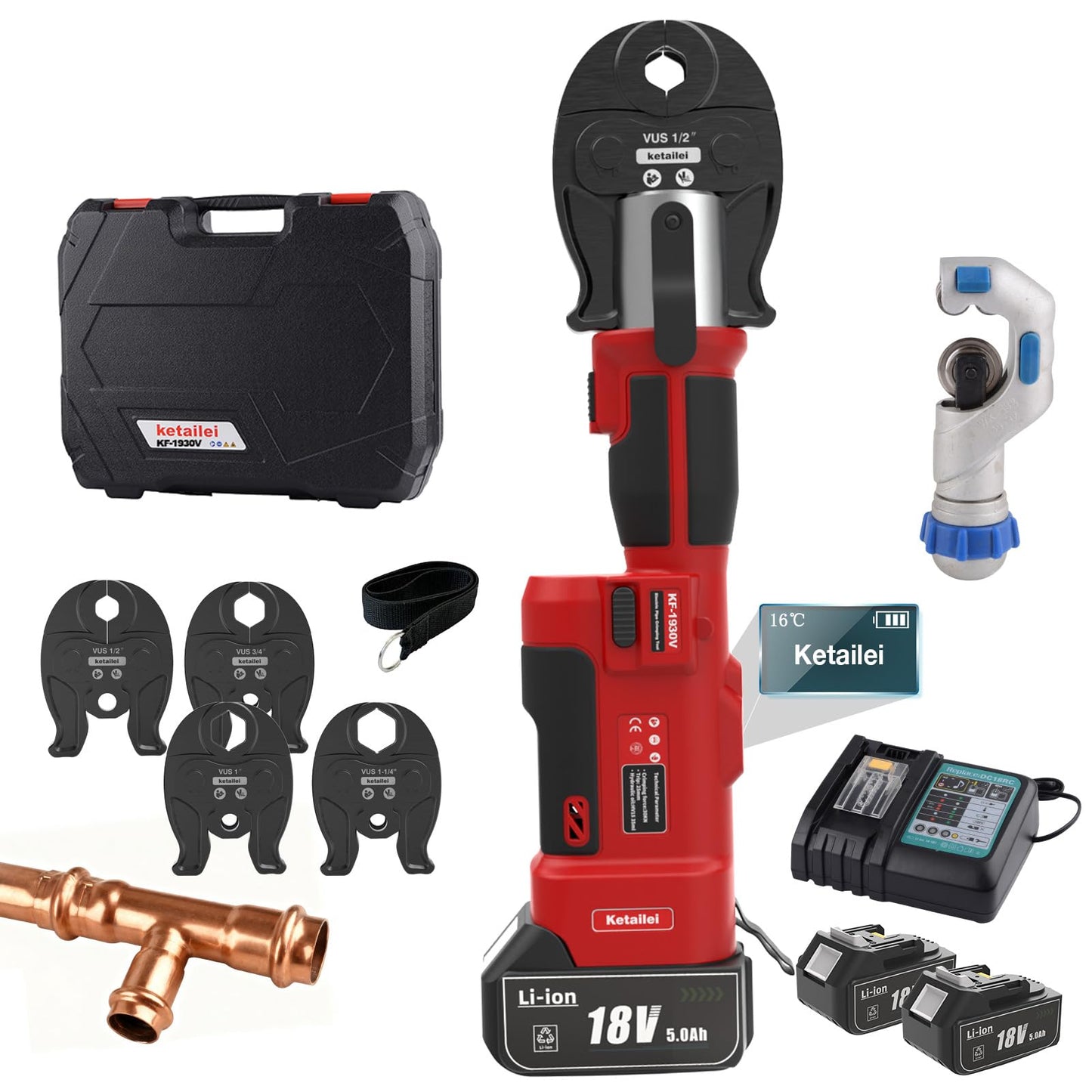 ketailei KF-1930V Cordless Copper Pipe Crimping Tool for Plumbing, 5.0Ah Battery Powered with VUS 1/2" 3/4" 1" 1-1/4" Crimping Dies, 350° Rotatable Head（KF-1930V）
