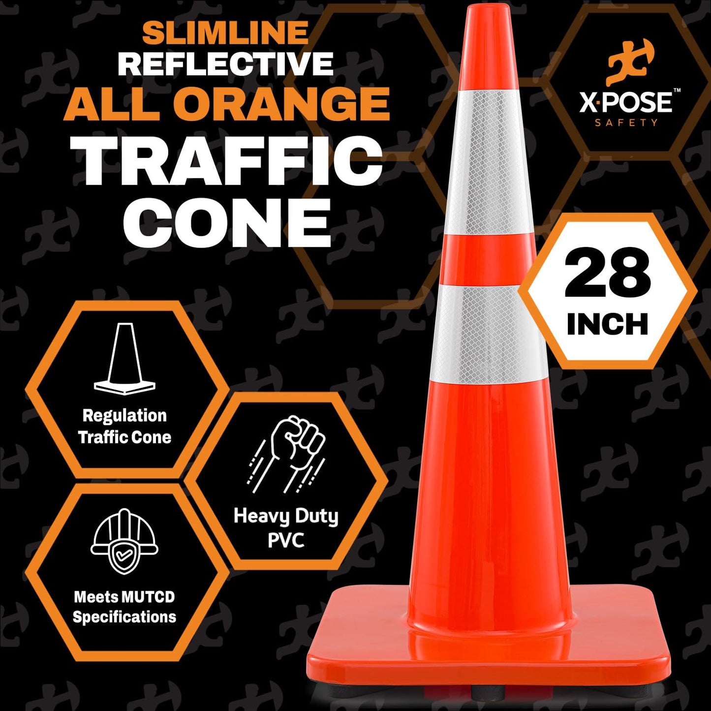 Xpose Safety 28 Inch Orange Slim Line Traffic Cones Heavy Duty 10lb with 6" & 4" Collars, 4 Pack Multipurpose PVC Plastic Safety Cone for Parking, Soccer, Caution, Kids & Construction - DOT Approved