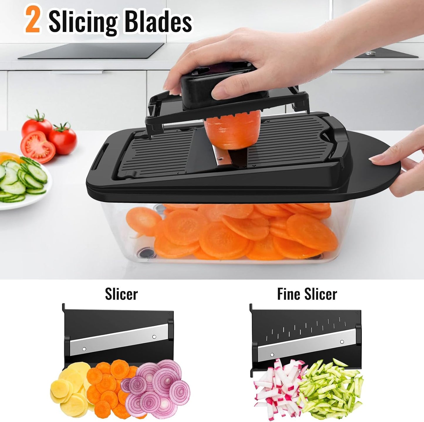 Skiennix 8-Blade Vegetable Chopper - All-in-One Mandoline Slicer with Container | Black Kitchen Gadget