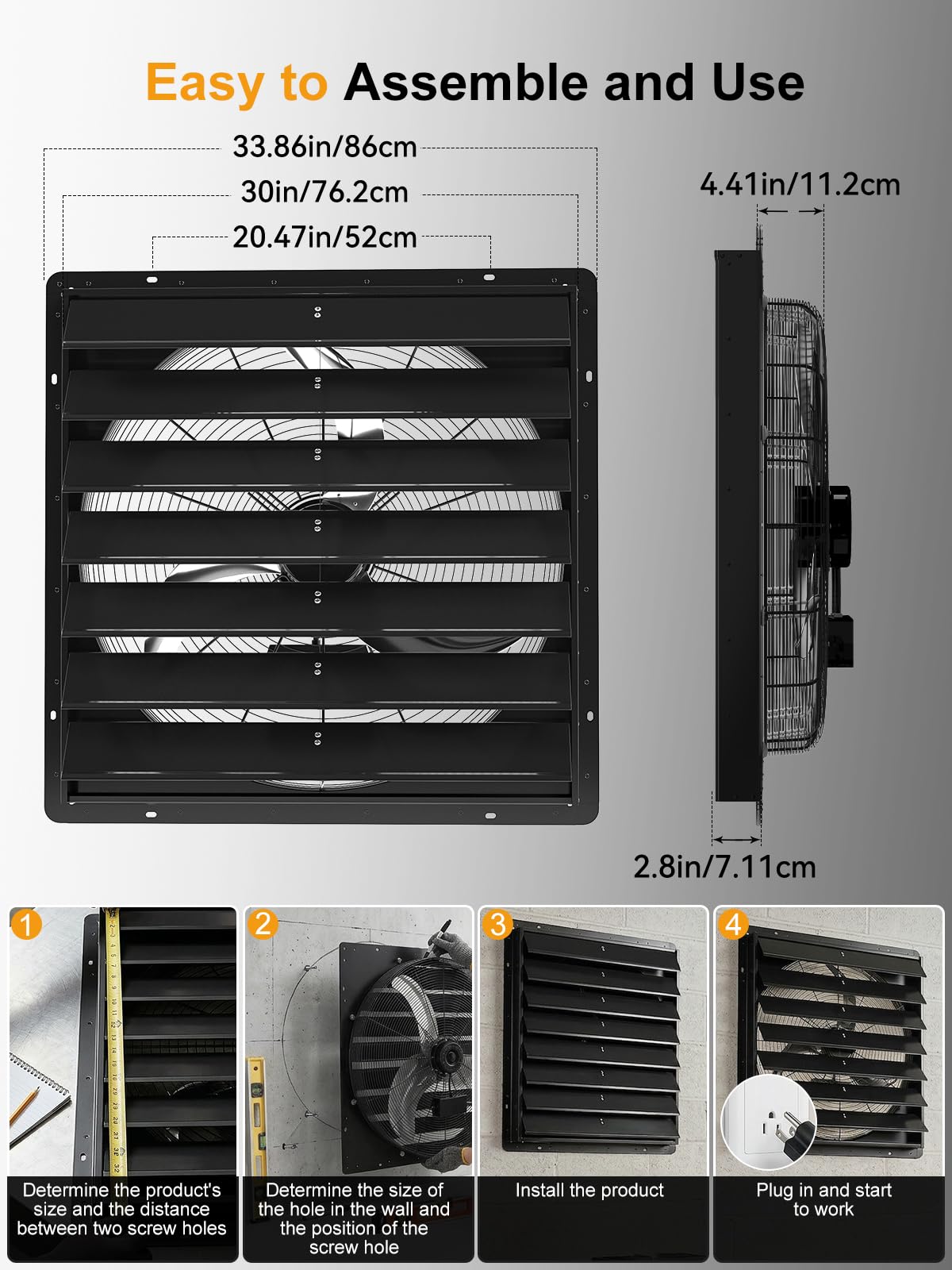 30in Shutter Exhaust Fan with Thermostat,Wall Mounted Attic Ventilation Fan,7000CFM,8m/s,Window Shutter Exhaust Fan with Remote,Controller,3Speed,Timer,All-Metal for Garage,Greenhouse,Attic,Coop,Black