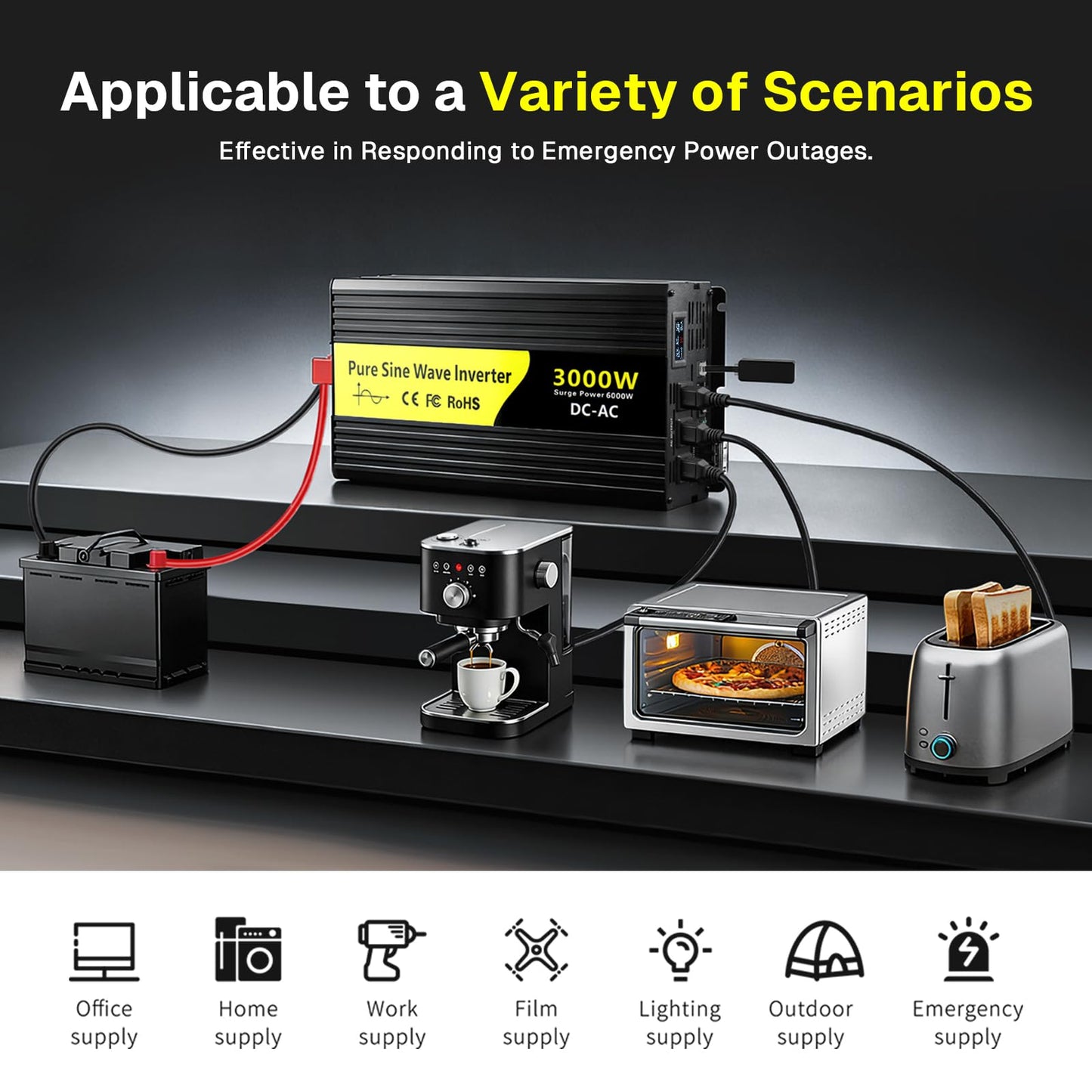 VOONKE 3000W Pure Sine Wave Inverter 12V DC to 120V AC,for Solar,for RV, Truck, Home, Camping,Power Inverter with Bluetooth APP Remote Control,LCD Display, 3 AC Outlets,USB Ports, Surge Power 6000W