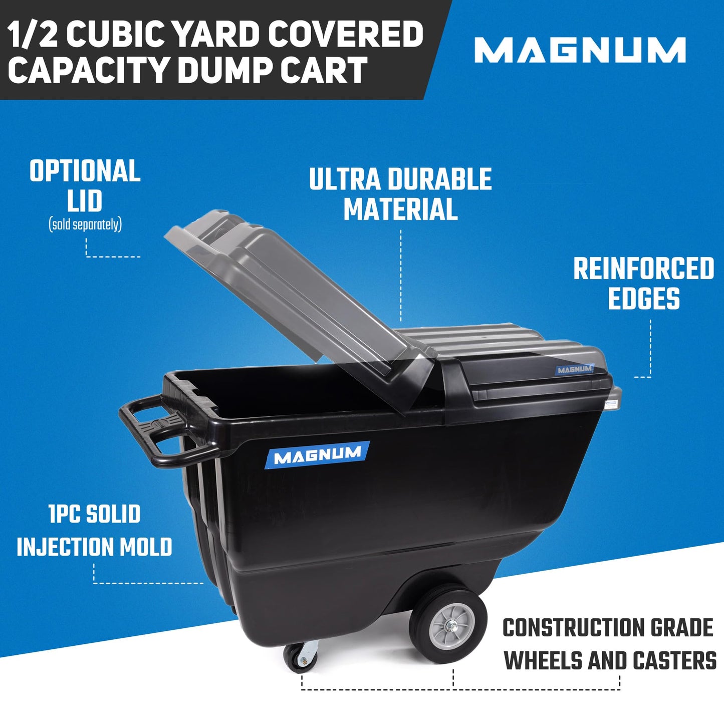 Magnum Tilt Truck, 1/2 Cu. Yd. Capacity Dump Cart with Heavy Duty 12” Wheels & 5” Casters for Handling, Transporting on Construction Jobsites, 750 lbs, Trash Cart with Wheels DUC12A
