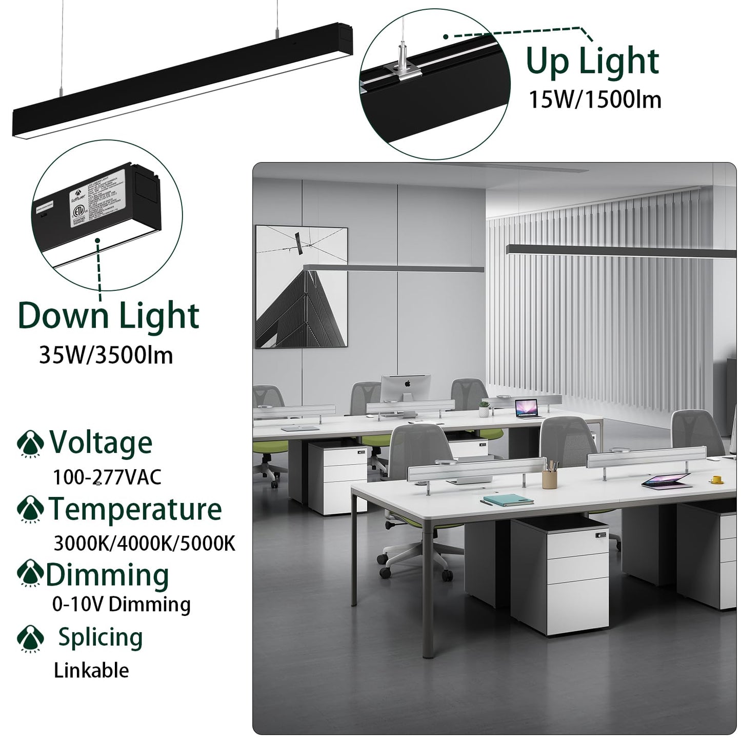 4FT Led Linear Lights,Linkable 8FT/12FT/16FT,35W Down + 15W Up Light,3/4/5KK 3CCT Selectable,Commercial Lighting Fixture for Office,0-10V Dimmable Linear Pendant Lighting for Shop,Garage,School