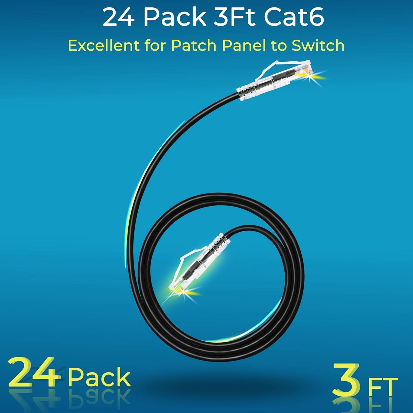 Rapink Cat6/ Cat6a 3ft (24 Pack) Cat6a 10G 6 Cat6 Patch Cables Slim, Ethernet Patch Cable Support, Snagless Cat Patch