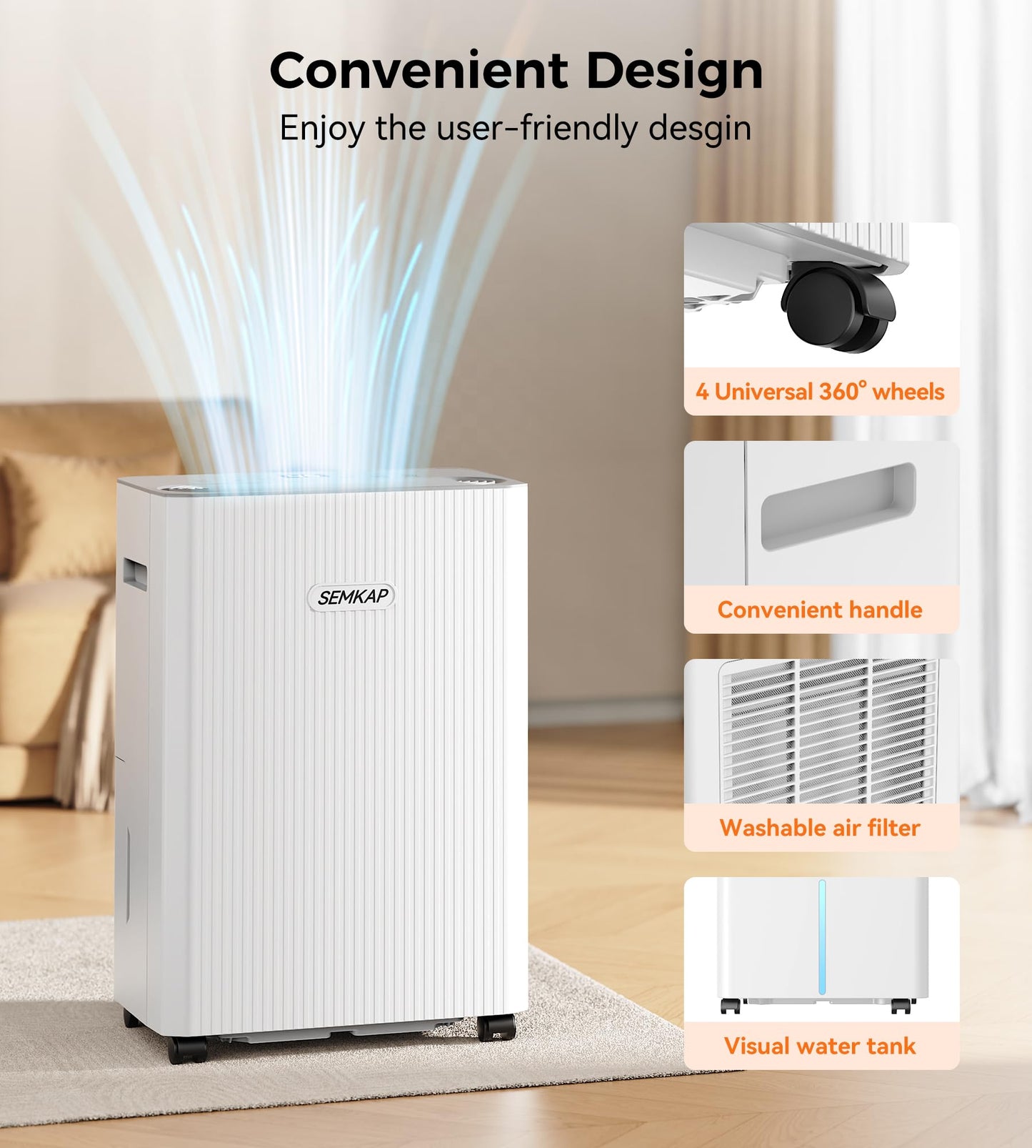 2500 Sq.Ft Dehumidifier for Basement with Drain Hose, SEMKAP 32 Pints Dehumidifiers for Home, Large Room, Bathroom, Bedroom, Low Noise With Smart Compressor, Intelligent Humidity Control, 24HR Timer