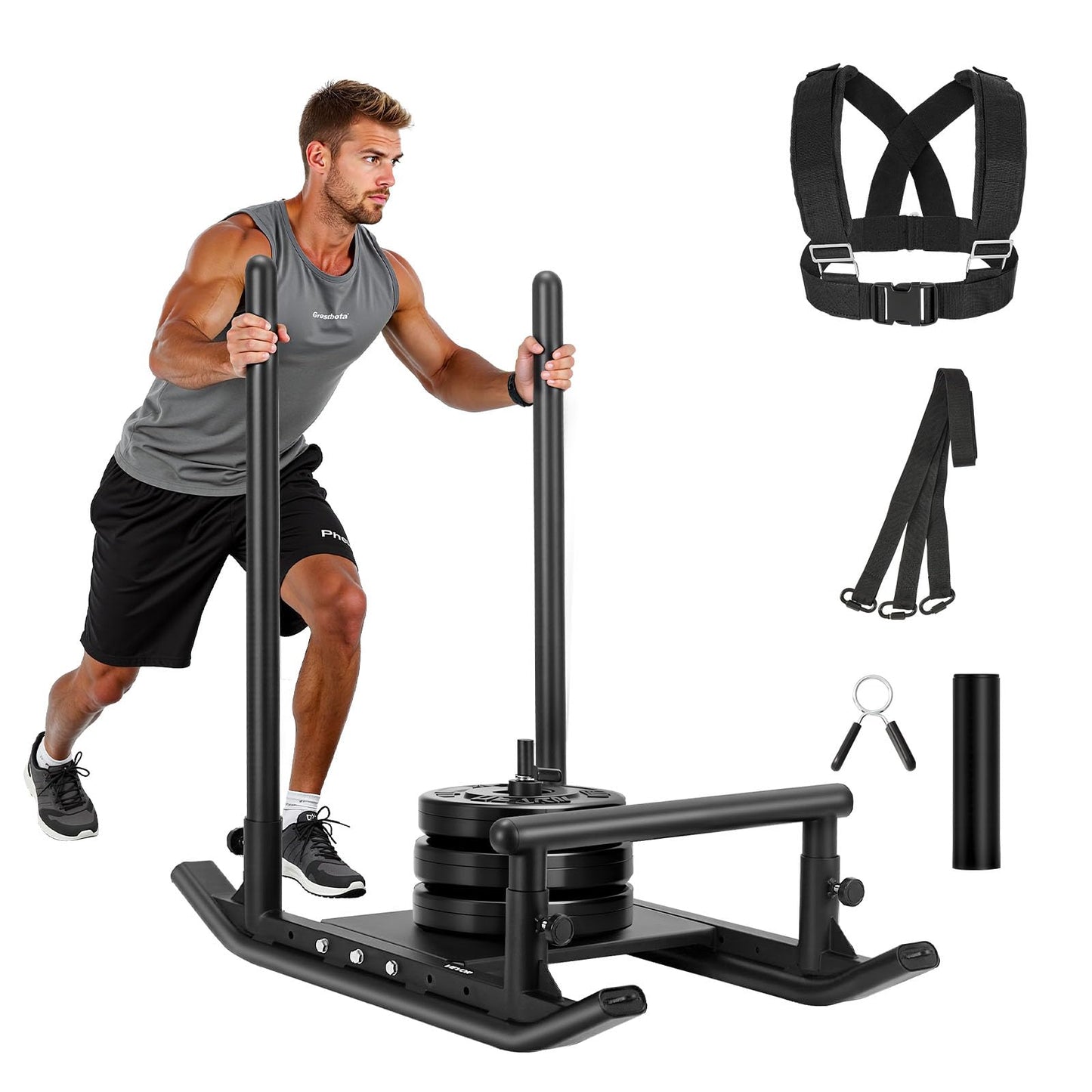 VEVOR Weight Sled, Fitness Strength Training Pull Push Running Sled, Fitness Workout Sled Push Gym Equipment, with Handle, Compatible 1/2 in Weight Plates, Black, Football Sleds and Chutes