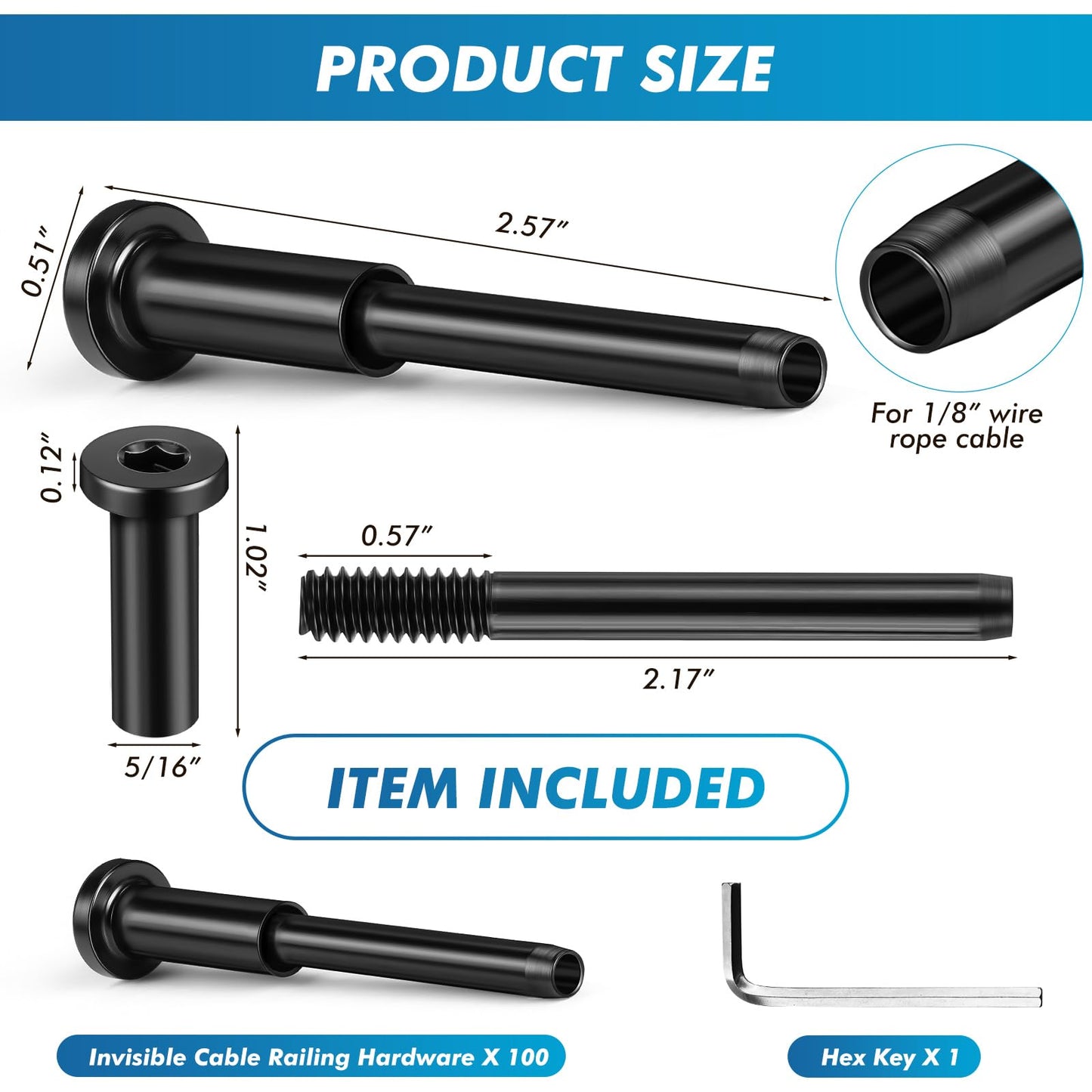 Blulu 100 Pack Invisible Cable Railing kit, T316 Stainless Steel 1/8" Invisible Receiver and Swage Stud End for Cable Railing, Swage Tensioner 1/8" for Wood/Metal Post, Cable Railing Hardware (Black)