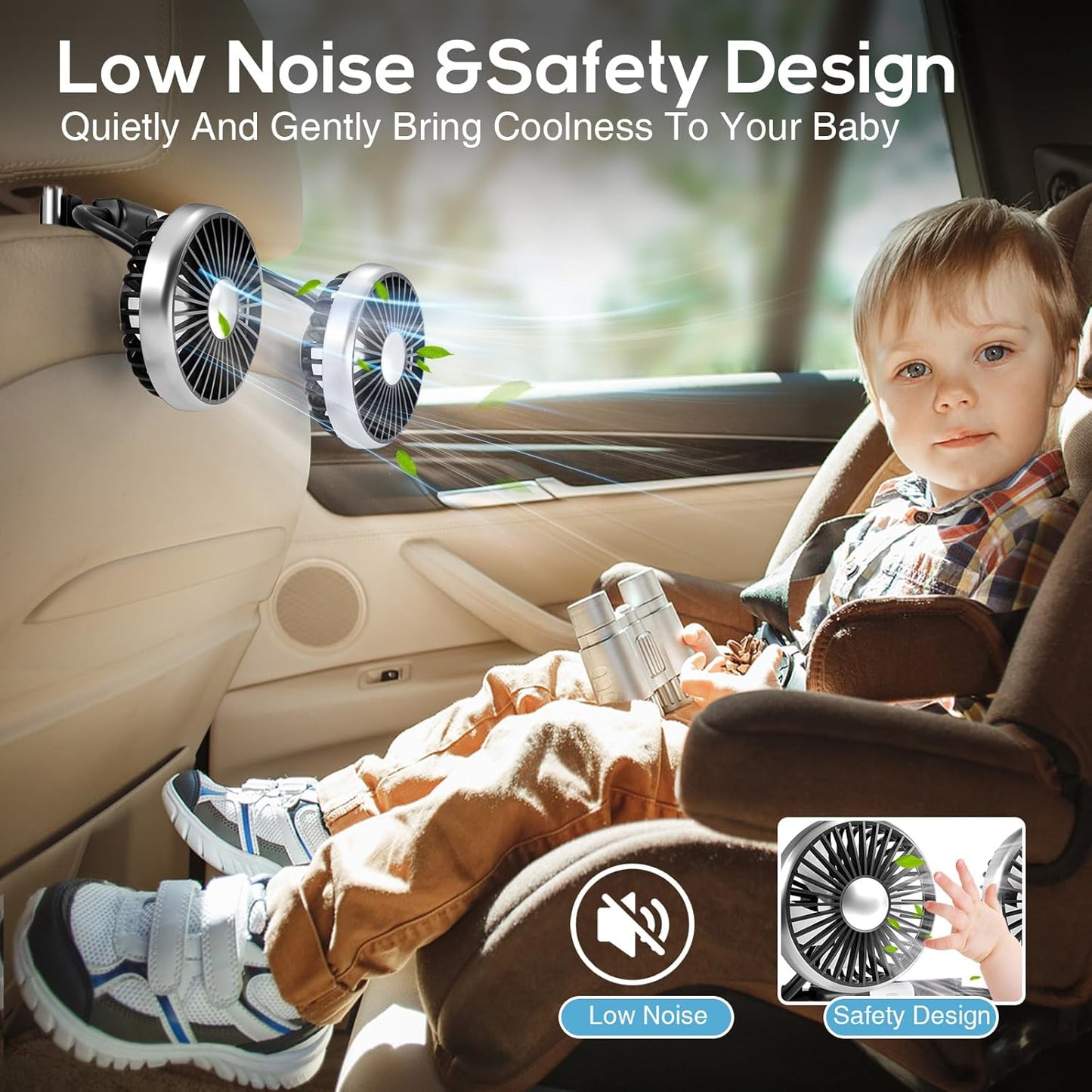 2025 3-Speed 360 Dealswin Car Fan for Backseat Kids, Upgraded Dual-Head Car Seat Fans with LED Lights, and Rotatable