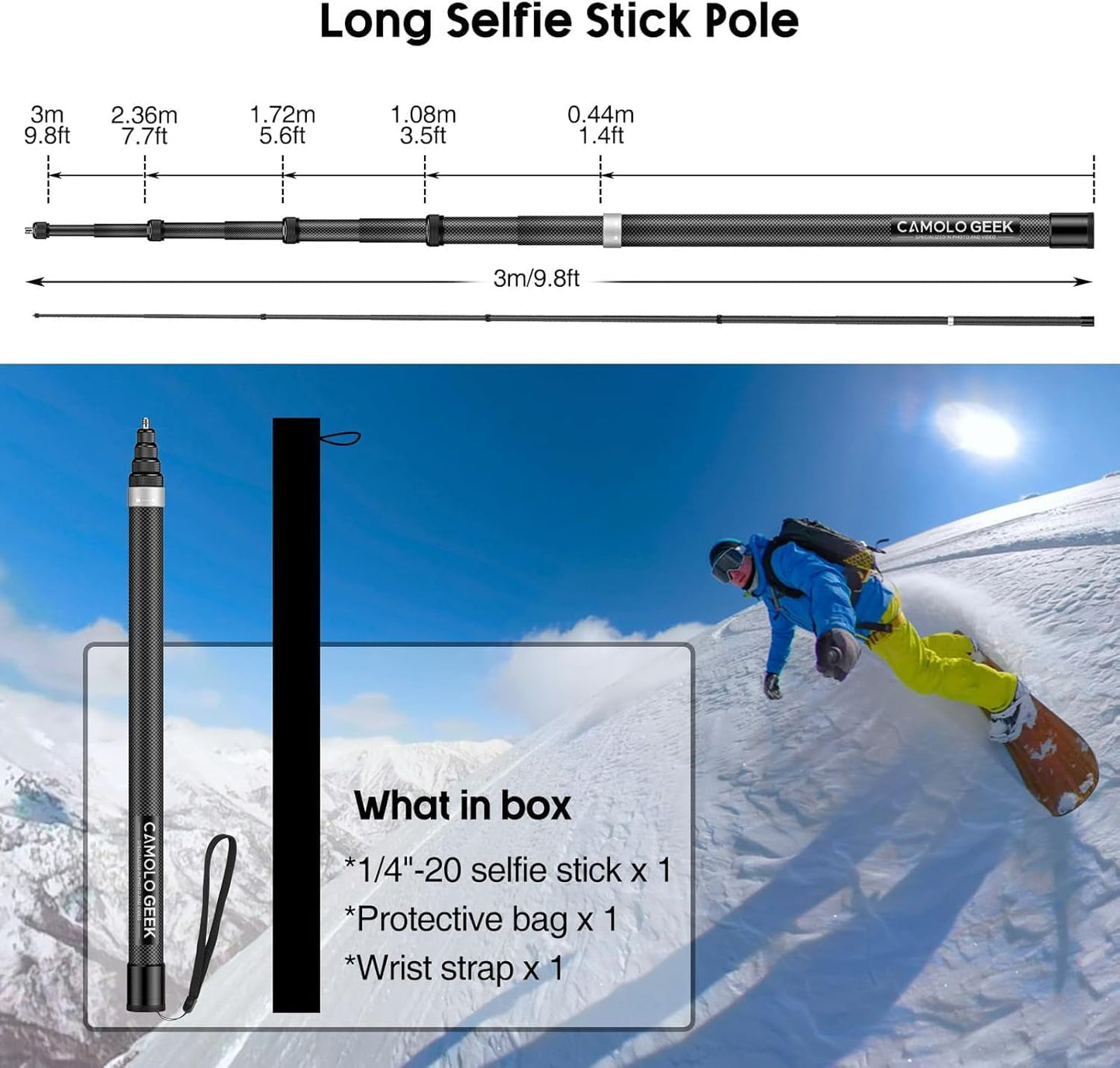 CAMOLO GEEK 118"/3.0m 9.8ft Insta360 X5 X4 X3 X2, 3S 3 2 360 (17 118") Invisible Selfie Stick Carbon Fiber, Extended