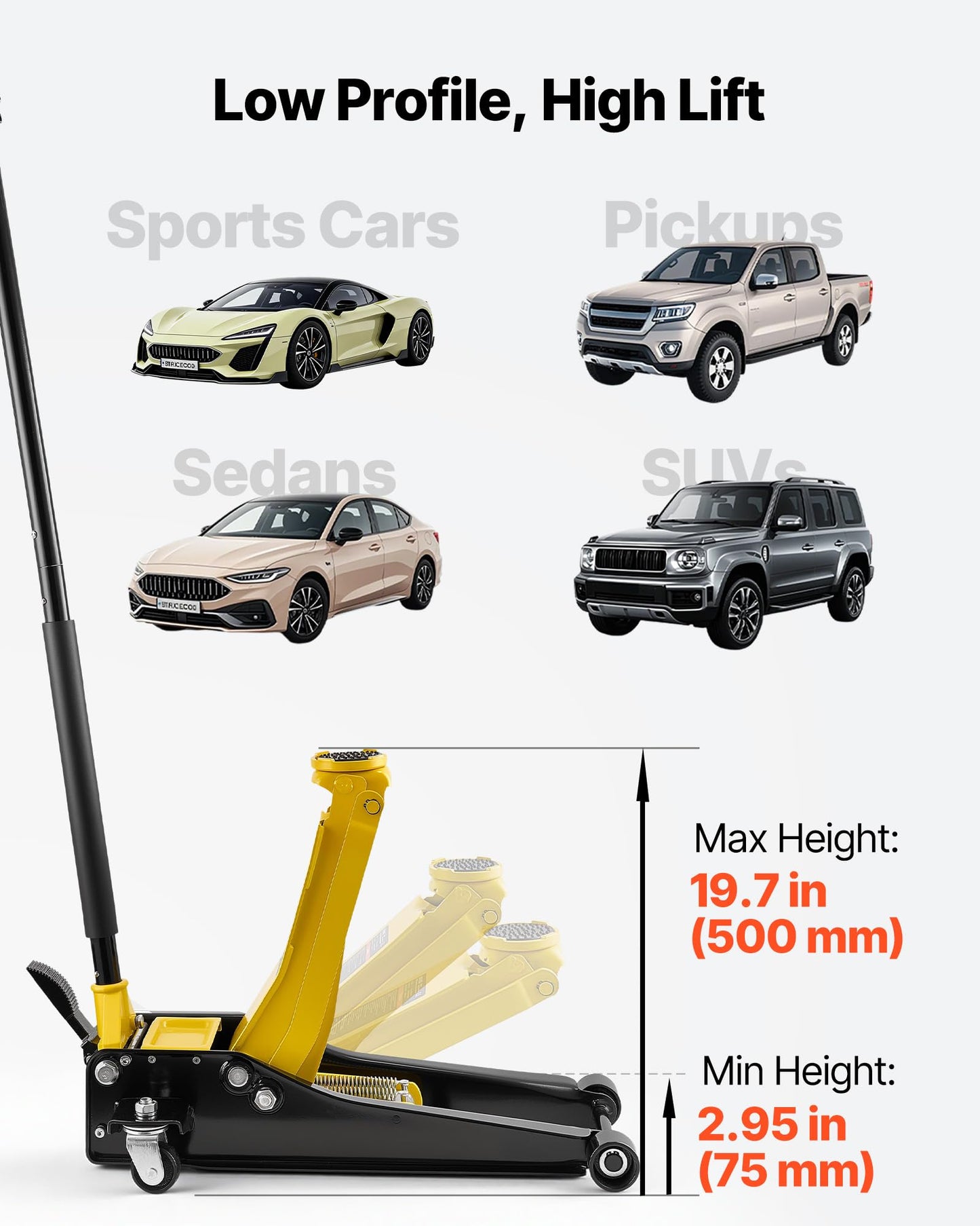 VEVOR Low Profile Floor Jack, 3 Ton (6614 lbs) Capacity, Steel Racing Floor Jack with Dual Pistons Quick Lift Pump & SUV Adapter, Hydraulic Trolley Car Lift for Sports Cars, Lifting Range 2.95"-19.7"