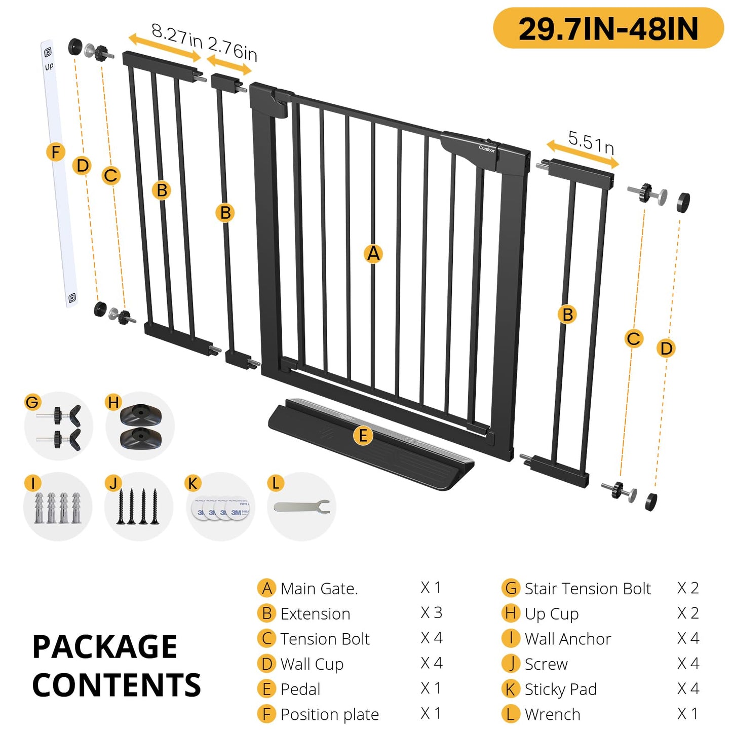 Cumbor 29.7-48" Baby Gate for Stairs, Mom's Choice Awards Winner-Dog Gate for Doorways, Auto Close Safety Pet Gate for Dogs Indoor, Easy Install Pressure Mounted Child Gate with Walk Thru Door, Black