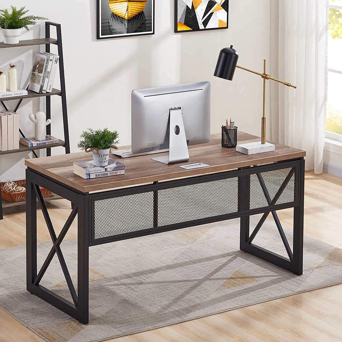 BON AUGURE Computer Desk for Home Office, Sturdy Office Desk, Wide Wood Metal Writing Table, Farmhouse Industrial Gaming Desks (60 Inch, Vintage Oak)