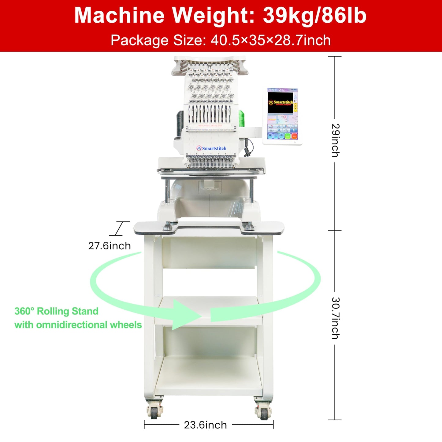 Smartstitch S-1201 Compact Embroidery Machine with 12 Needles, 1200SPM Max Speed, 10“ Screen, Wifi, 9.5"x12.6" Embroidery Area, Your First Commercial Embroidery Machine for Flat, Hat, T-shirt and more