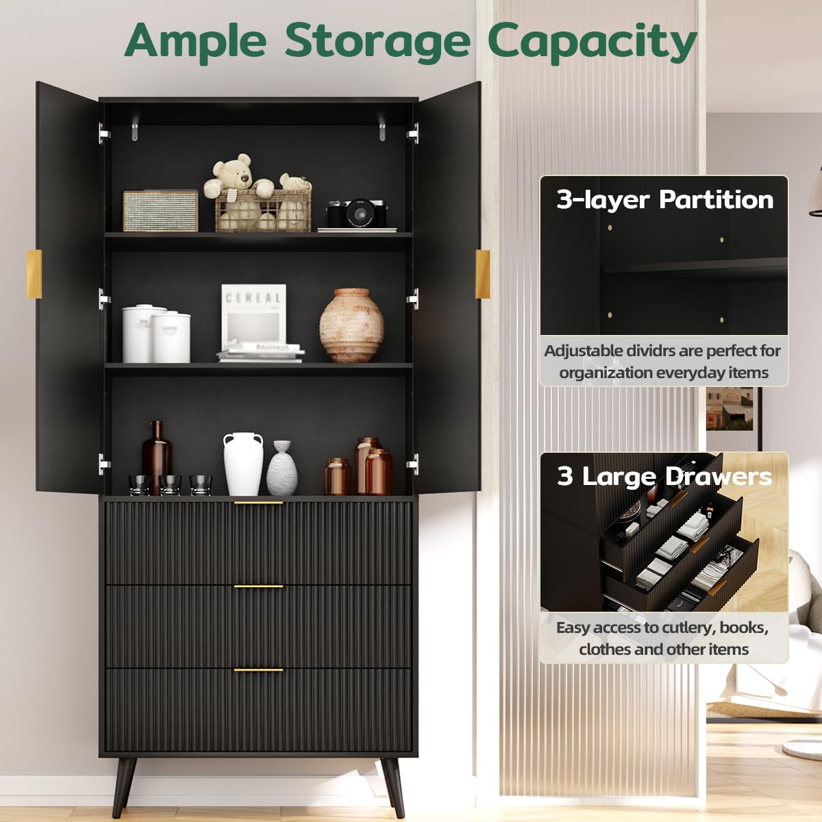 Topcomfy Tall Fluted Cabinet, Kitchen Pantry Cabinet with 2 Doors & Adjustable Shelves, Mid Century Modern Cabinet for Living Room, Dining Room, Entryway, Office, Black