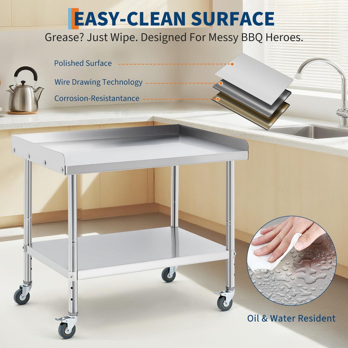 MilleLoom 36"x30"x30" Stainless Steel Grill Stand Table, NSF Certified, 3-Sided 2" Backsplash, Adjustable Legs & Wheels, 660 lbs Capacity, Equipment Stand for Restaurant, Hotel, Home Kitchen