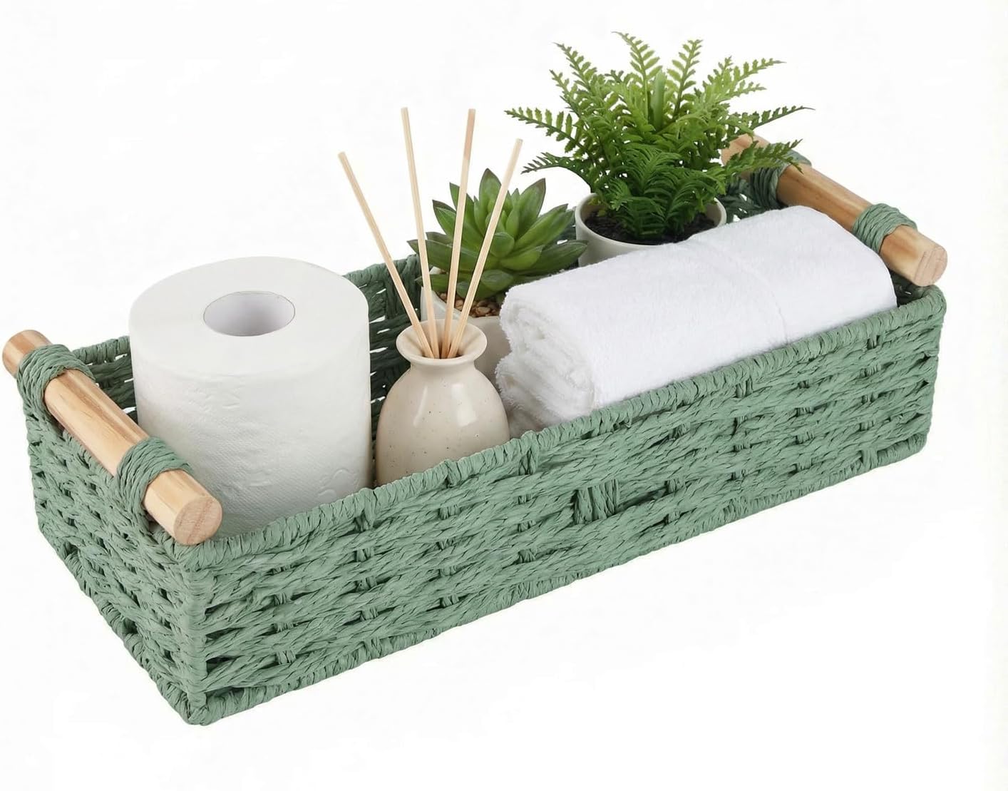 Skiennix Small Bathroom Storage Baskets - Woven Paper Rope Organizers in Sage Green | Perfect for Home Decor & Gifts
