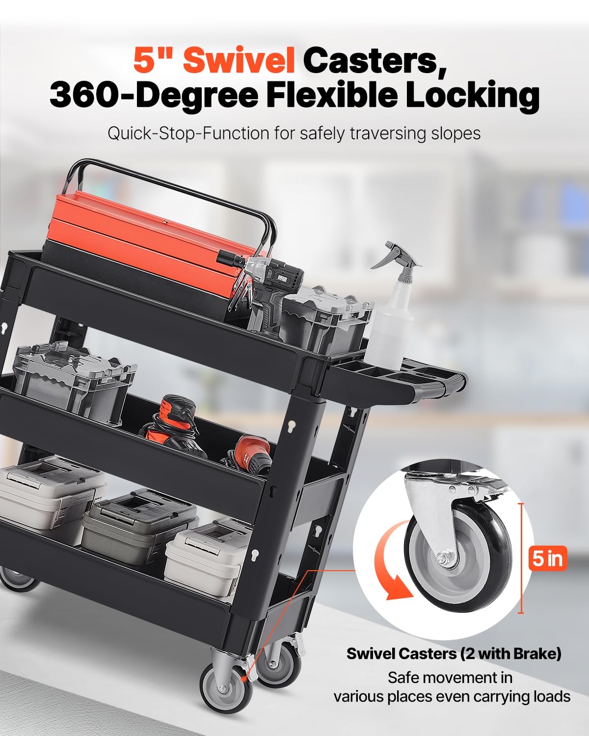 VEVOR Utility Cart, 3-Tier Plastic Service Cart with 550LBS Capacity, 360° Swivel Casters (Including 2 Locking Wheels), Medium Lipped Shelves, Ergonomic Handle, for Garage, Warehouse, Cleaning Tasks