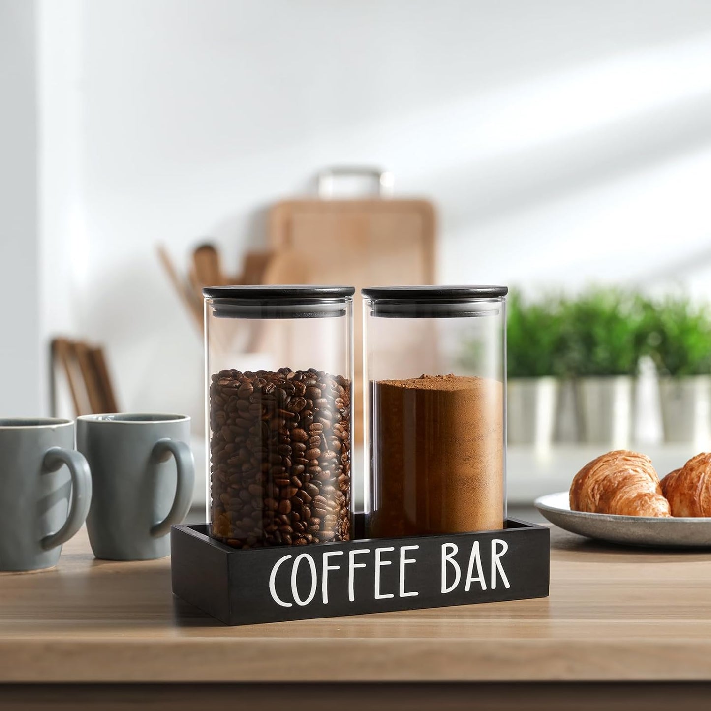 Skiennix Glass Coffee Canister Set - 2Pcs 45oz Airtight Containers with Bamboo Lids & Black Tray | Stylish Coffee Storage Jars for Home Decor