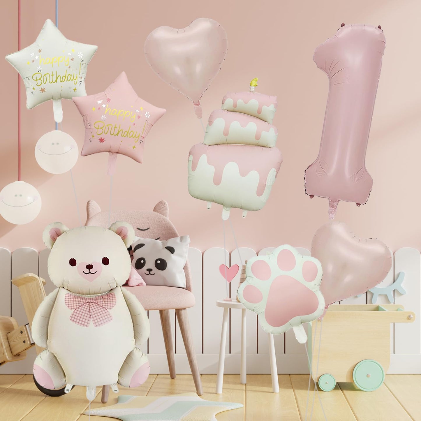 Panouo 8-Pack Matte Bear Party Balloons, Pink Foil Balloons, 1-Year-Old Girl Birthday Party Decorations, Bear Theme Party Decorations(1)