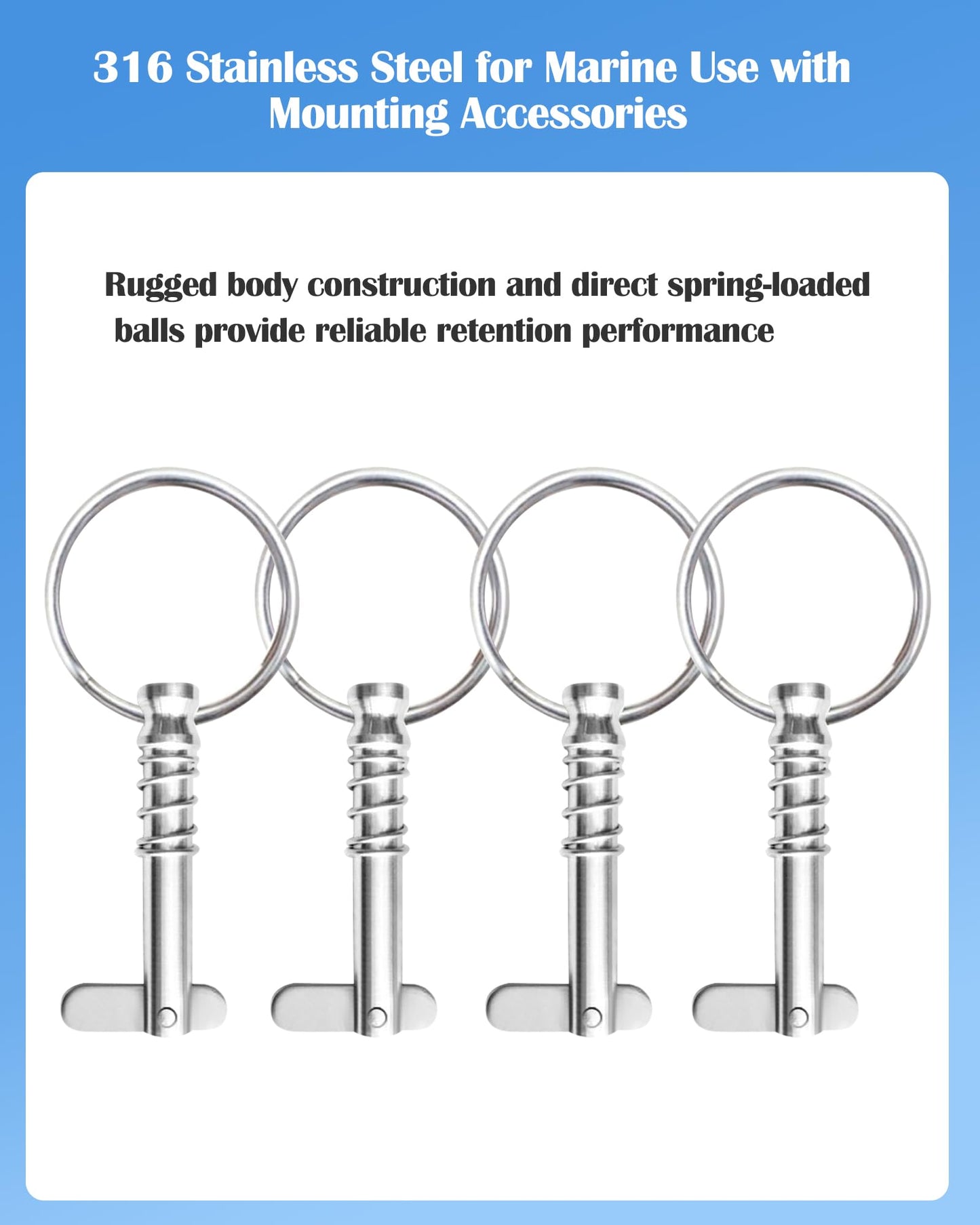Nerites 1/4" Diameter Bimini Top Quick Release Pins 316 Stainless Steel Pin and Ring Easy to Fix and Remove Bimini Pins, Marine Hardware for Boats, Yachts, Speedboats, Motorboats, Ships (4 Pack)