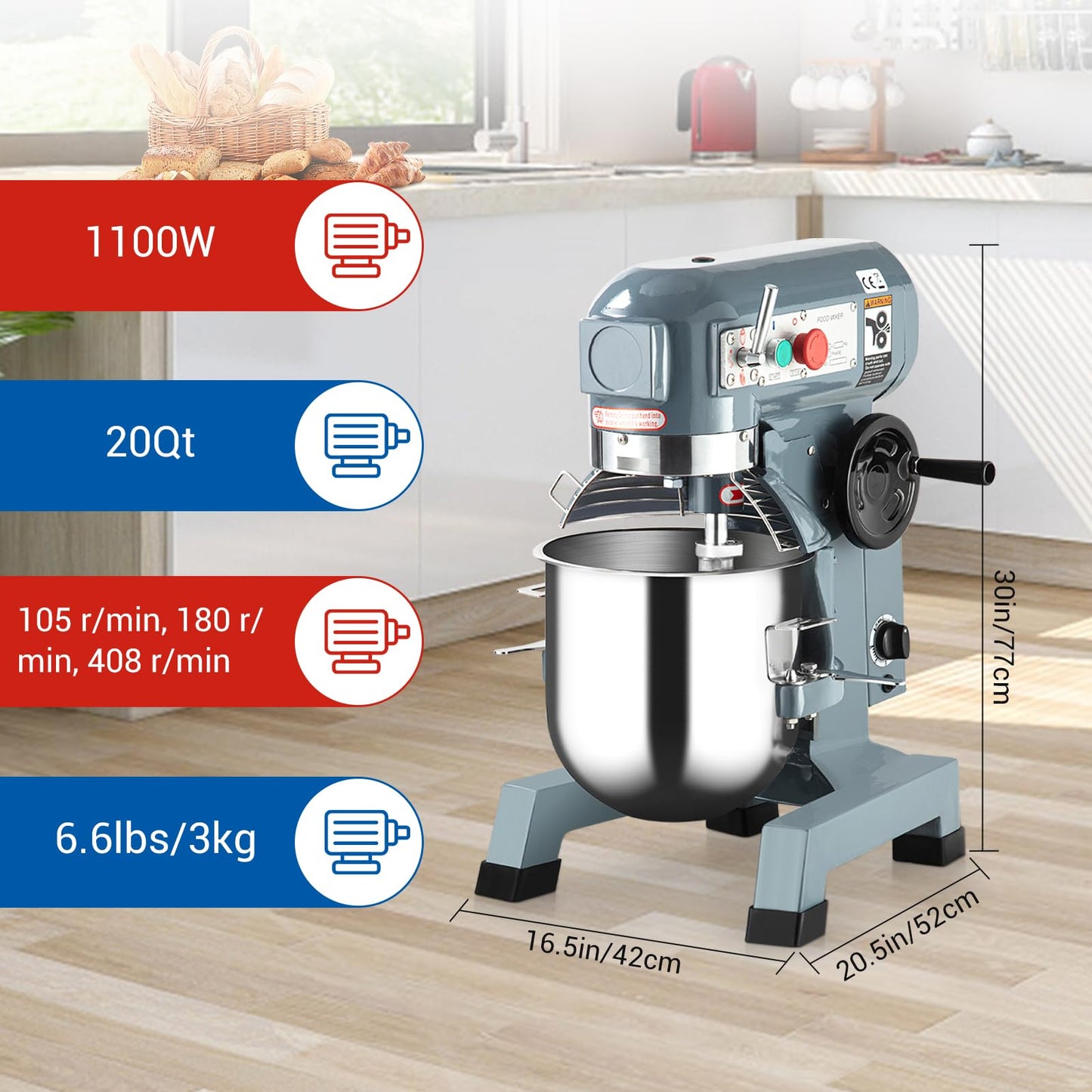 Commercial Food Mixer 20Qt, Heavy Duty Commercial Stand Mixer with 3 Speeds Adjustable, 1100W Electric Dough Mixer with Stainless Steel Bowl, Dough Mixer Timing Function for Bakeries Pizzerias