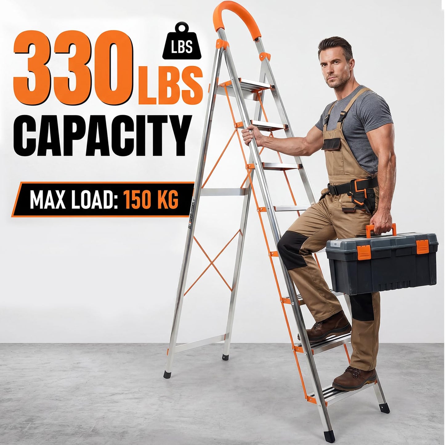 8 Step Ladder, 330lbs Load Capacity, Carbon Steel Step Stool with Non-Slip and Widen Pedals, Step Ladder with Safe Handrail, Space Saving for Home, Kitchen, Indoor & Outdoor