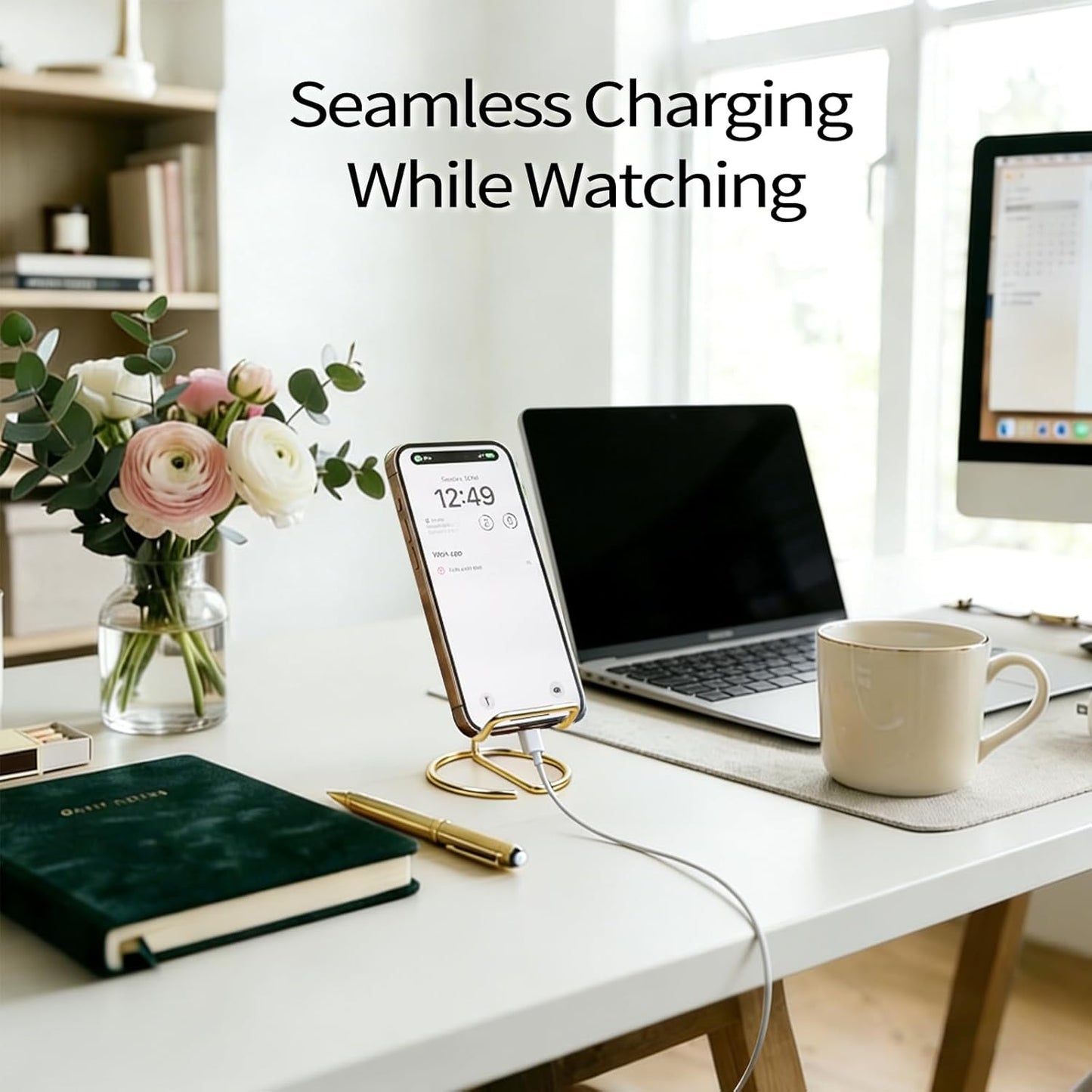 CREECHWA Phone Stand for Desk, Sturdy Metal Gold-Plated Phone Stand for Office Desk, Hands-Free Phone Charging Holder