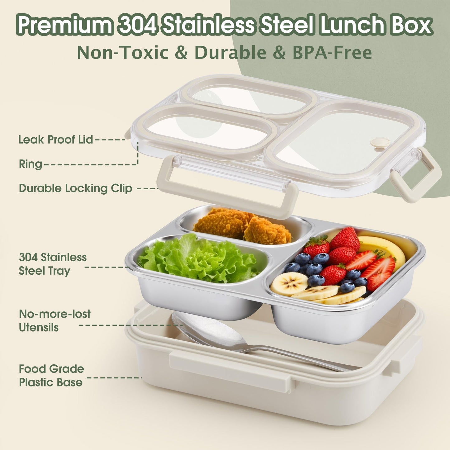 Kabbas Stainless Steel Bento Box Kids & Adults - 25 oz Leakproof Lunch Box with 3 Compartments, Premium 304 Stainless Steel Lunch Box for Kids, Dishwasher Safe, Suitable for School, Office, Outside