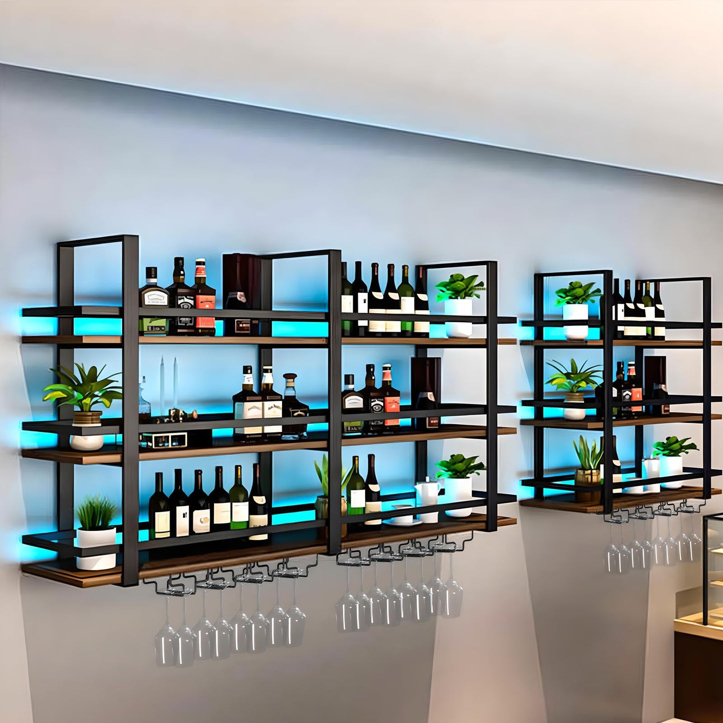amhricho Wine Rack Wall Mounted with LED Lights, 3 Tier Metal Liquor Floating Display Shelves, with Wine Glass Rack, Iron & Wood Industrial Wall Wine Rack, for Bar, Kitchen, Cafe (Black, 39.4in)