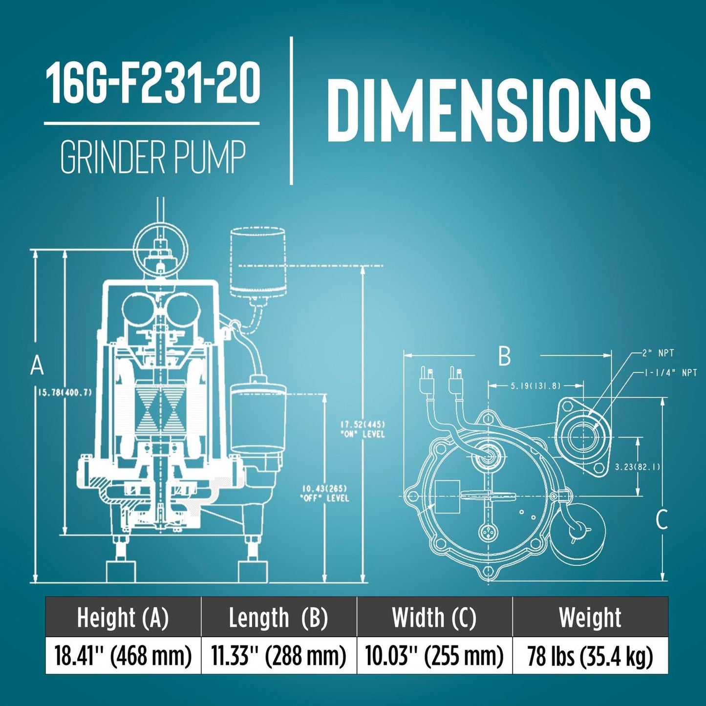 Little Giant 16G-F231-20 1 HP, 52 GPM, 1 Phase, 230 Volt, Automatic Cast Iron Submersible Grinder Pump with Piggy-back Tethered Float Switch, 20-Ft. Cord and 230 Volt Plug, Blue, 509813