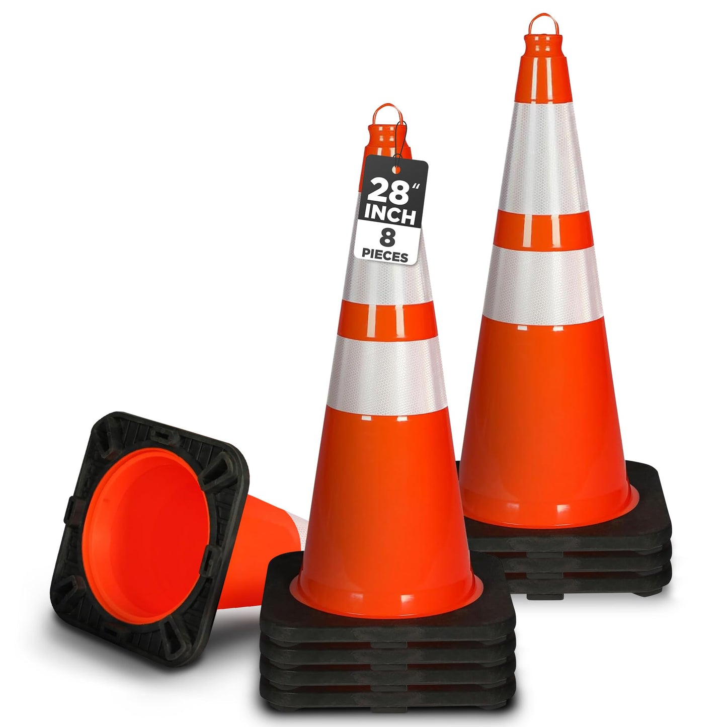 Pyle 28" PVC Traffic Cones, 8-Pack Safety Cones for Parking, Construction, Roadwork, & Sports Training, High-Visibility Orange, Durable, Stackable Design, Heavy-Duty Base for Stability in All Weather